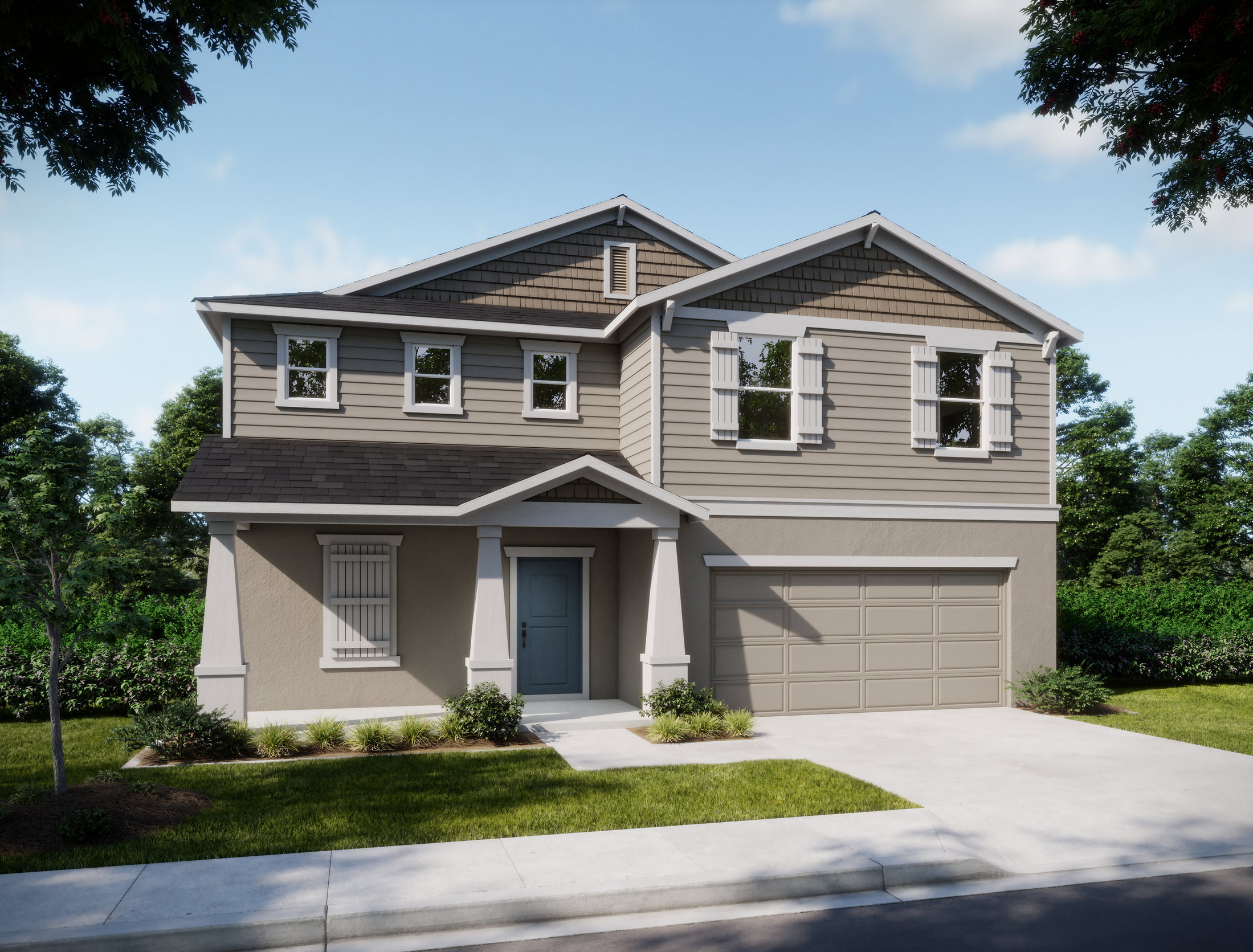 Two-story house with light brown siding, white trim, and a two-car garage, surrounded by greenery and a clear blue sky.