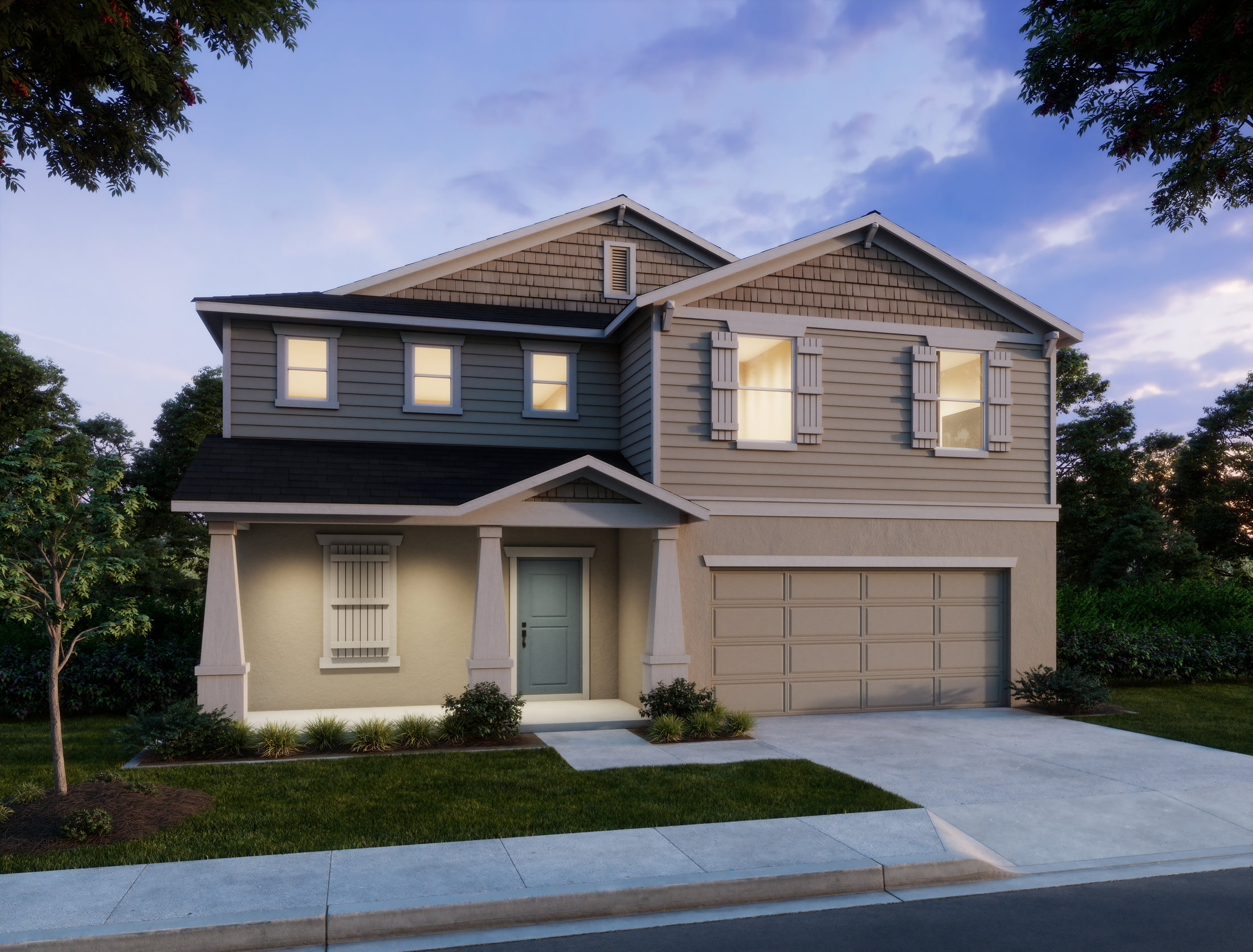 Two-story house with a combination of gray and beige siding, featuring decorative shutters and a two-car garage, set in a landscaped front yard under a twilight sky.