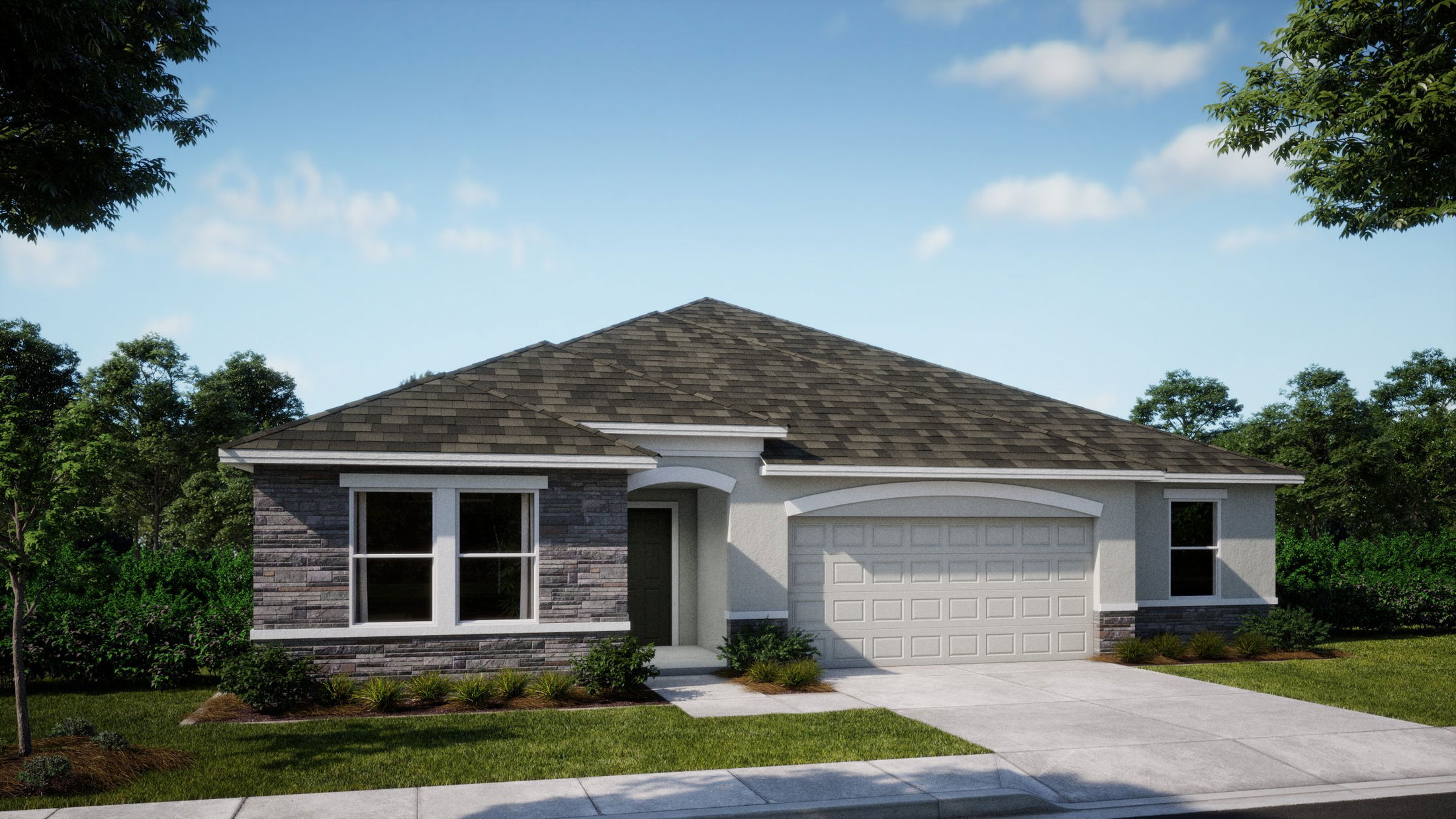 Modern single-story house with a two-car garage and landscaped front yard.