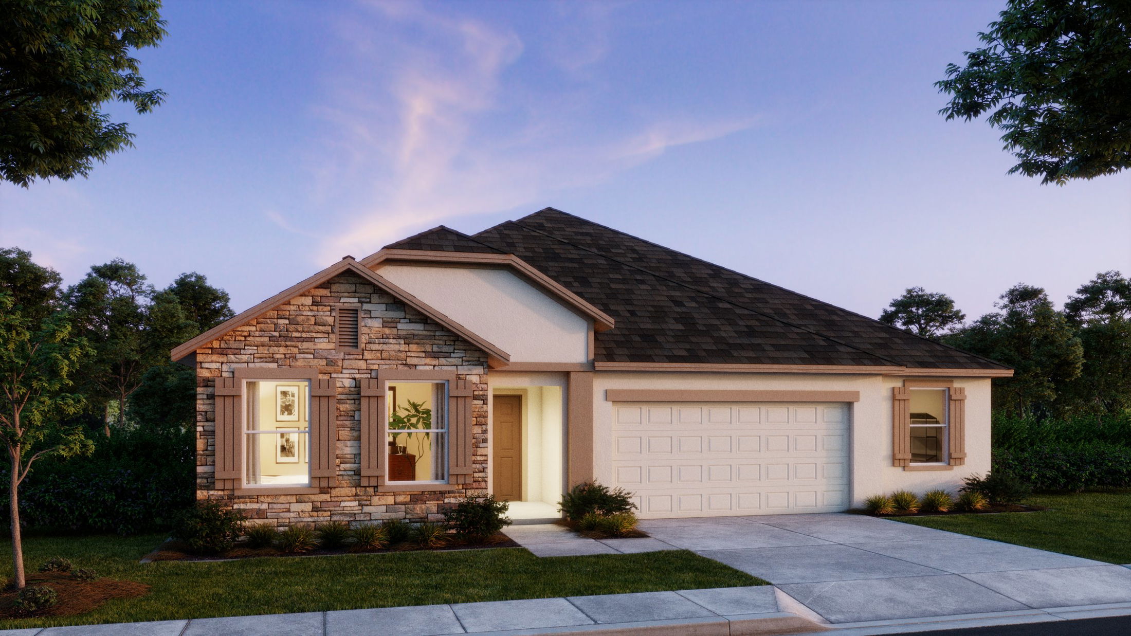 Front view of a modern single-story house with stone facade, double garage, and landscaped front yard at dusk.