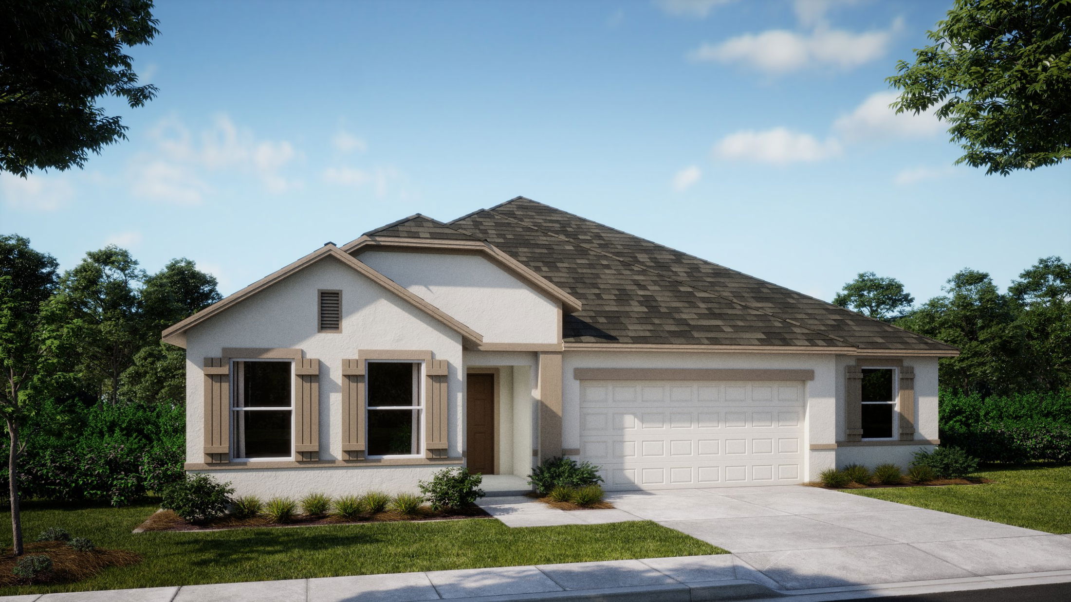 Modern single-story suburban house with a two-car garage, surrounded by well-maintained landscaping under a clear blue sky.