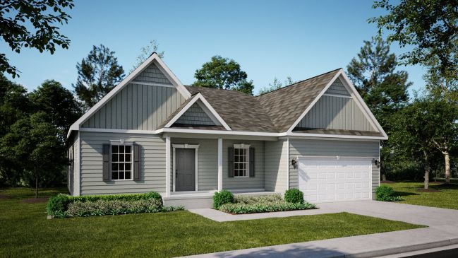 Charming grey single-story house with a gable roof and attached two-car garage, surrounded by lush greenery.