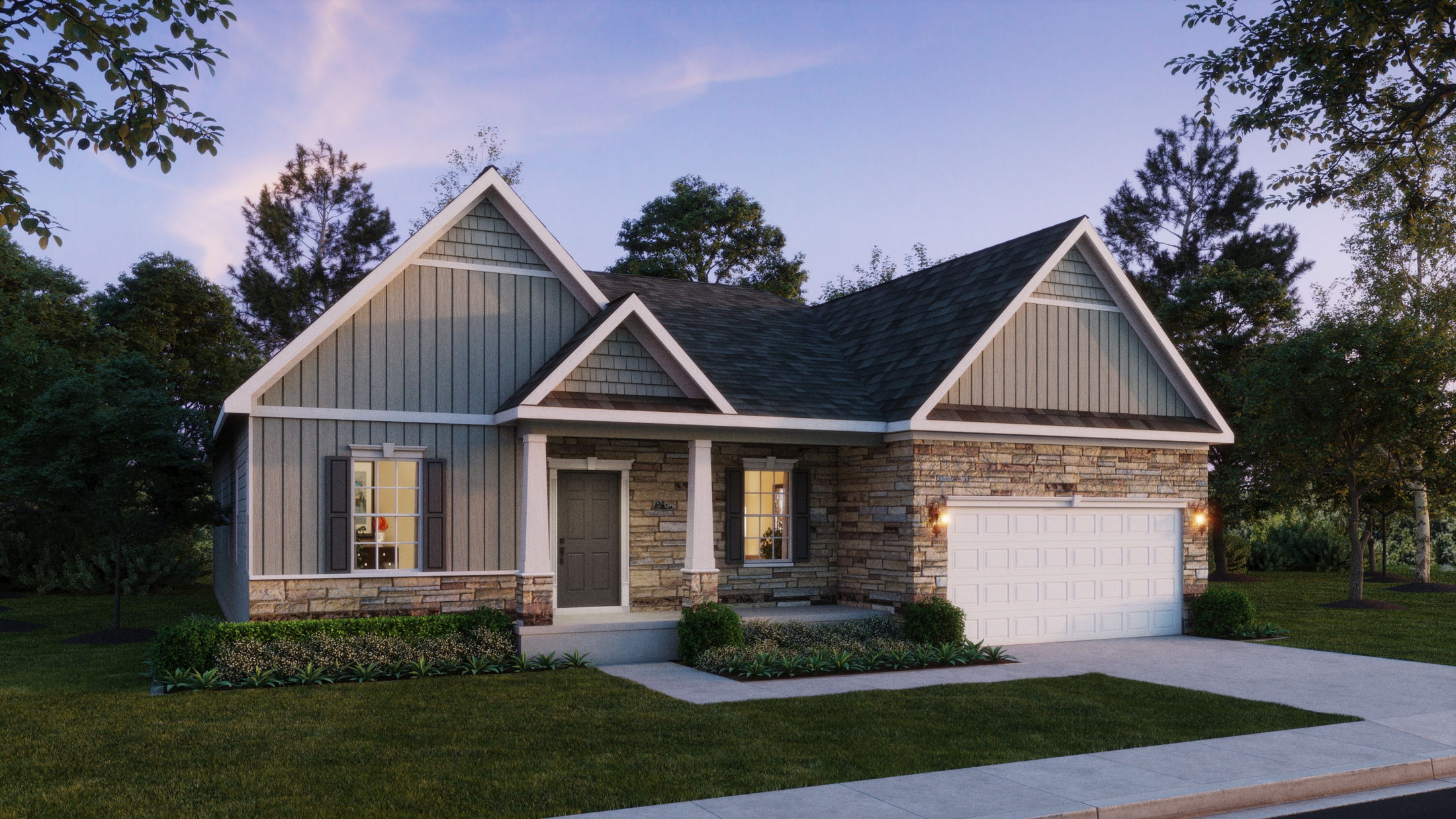 Charming single-story suburban home with stone and siding exterior, surrounded by trees and neatly landscaped yard at dusk.