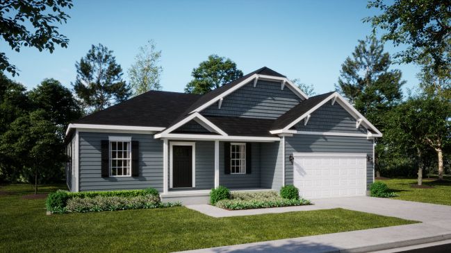 Modern single-story blue house with a two-car garage and well-maintained lawn, surrounded by trees.