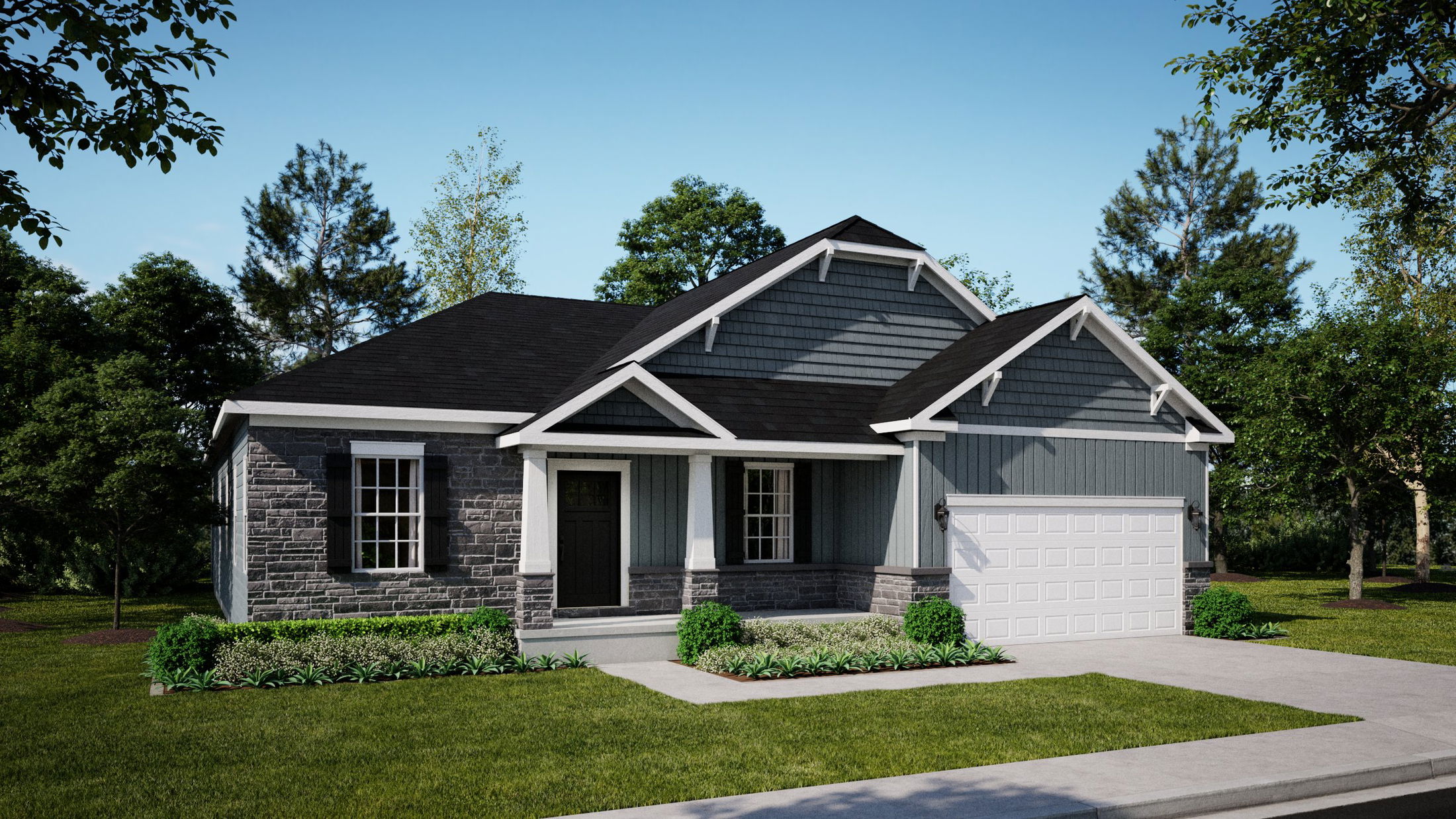 Modern single-story home with gray siding, a manicured front lawn, and a two-car garage.