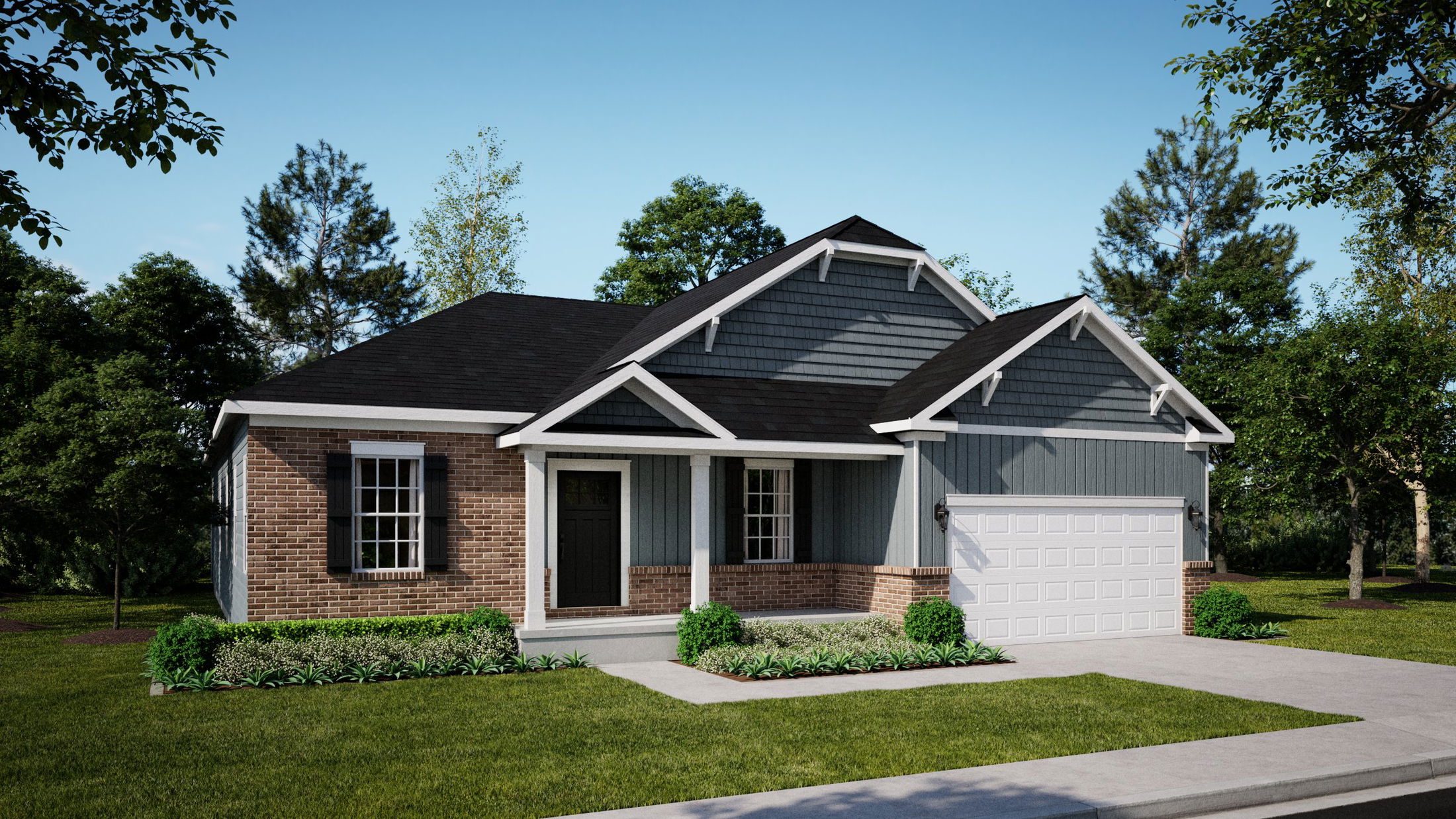 Charming suburban brick and siding house with a manicured lawn and attached garage.