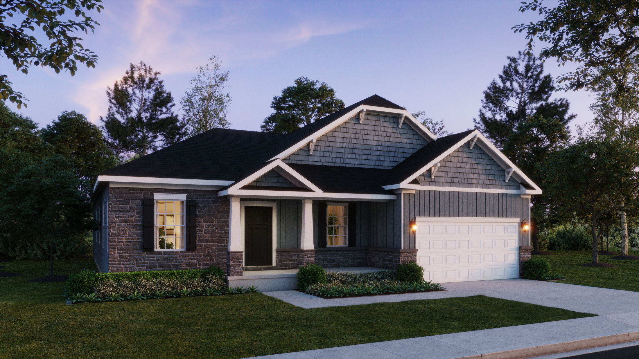 Suburban single-story house with stone and siding exterior, surrounded by a manicured lawn and trees at dusk.