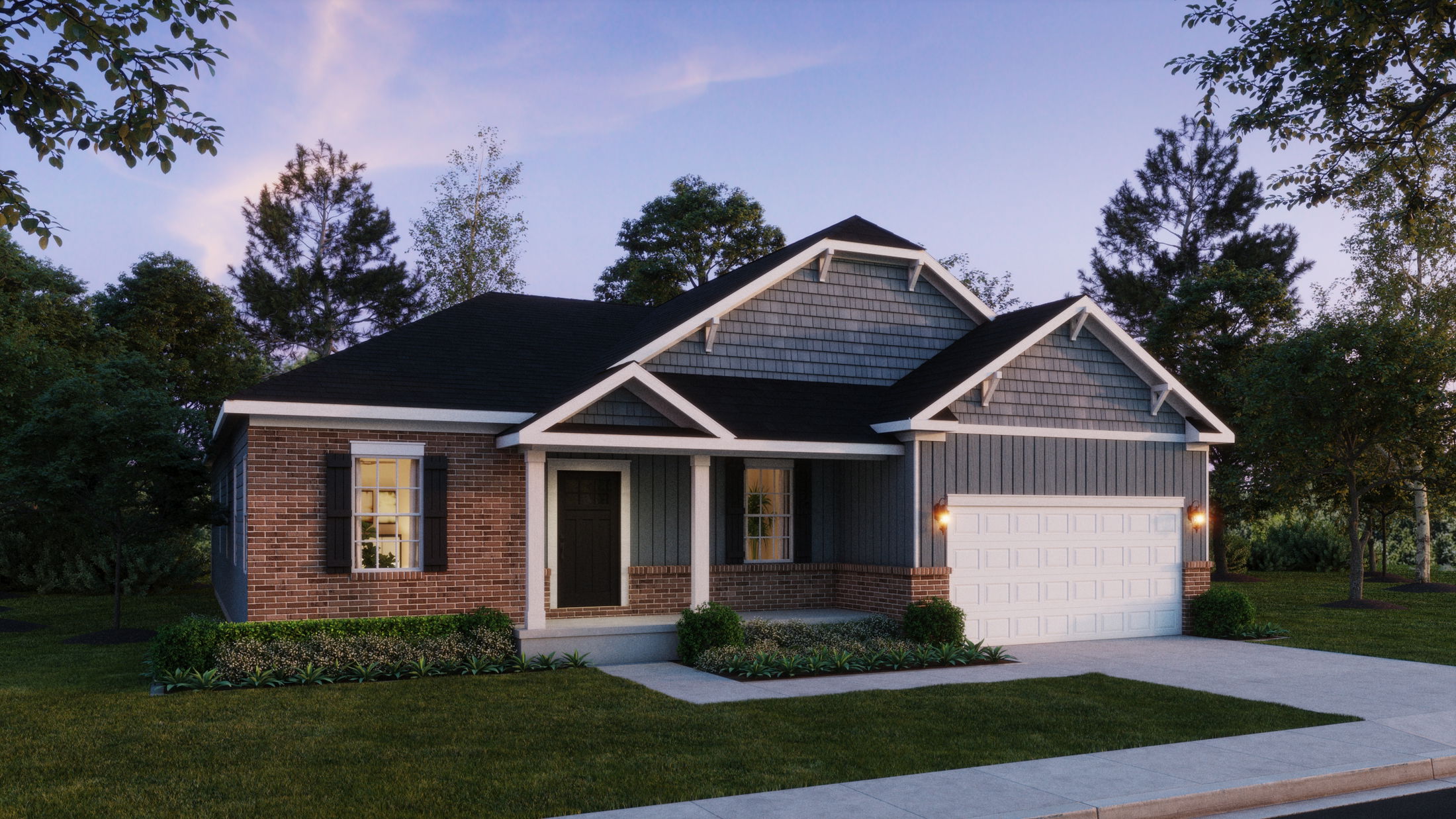 Beautiful suburban home with a mix of brick and gray siding, surrounded by lush greenery, at dusk.
