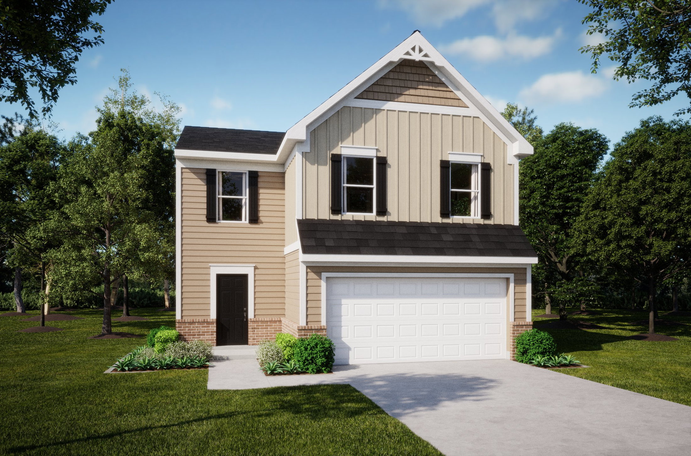 Two-story house with a sloped roof, beige and brown siding, a front garage, and manicured landscaping.