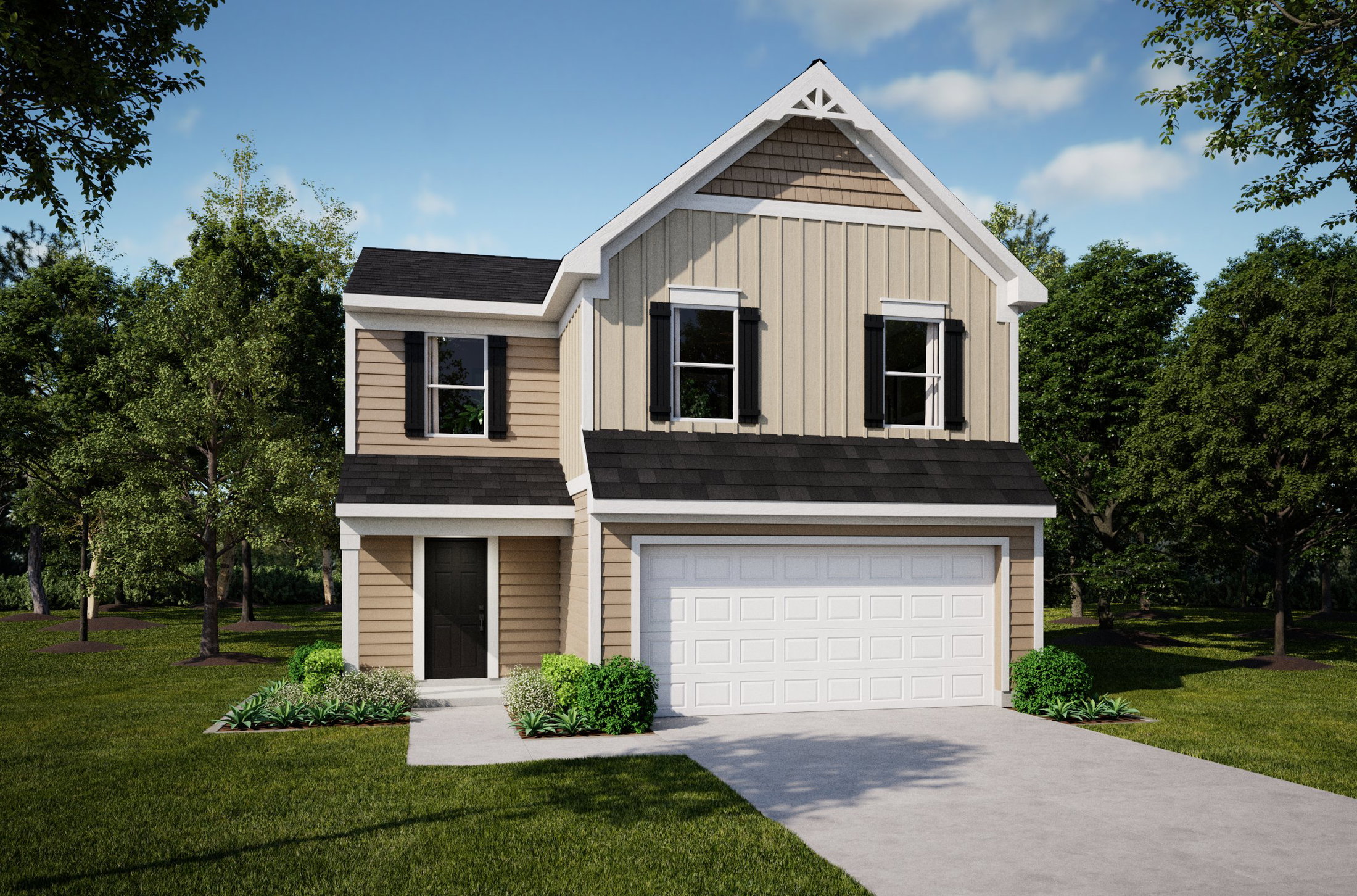 A two-story house with a garage, featuring beige siding and black roof, surrounded by greenery.