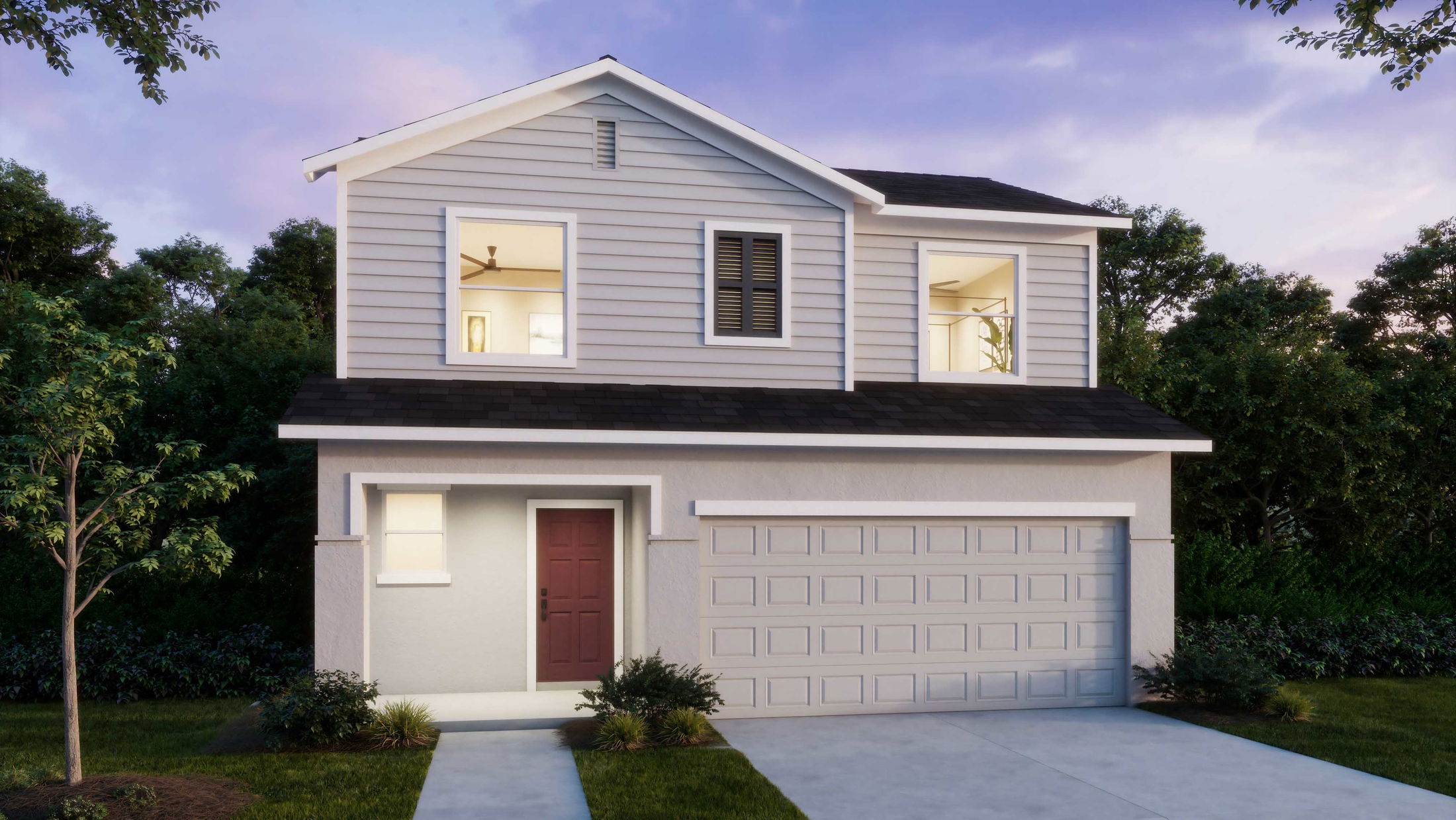 Modern two-story house with a white exterior, red front door, and attached garage, surrounded by lush greenery at dusk.