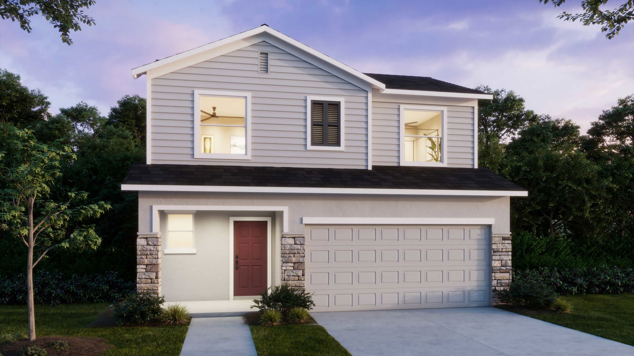 Modern two-story house with white siding, red front door, and double garage surrounded by lush greenery at dusk.