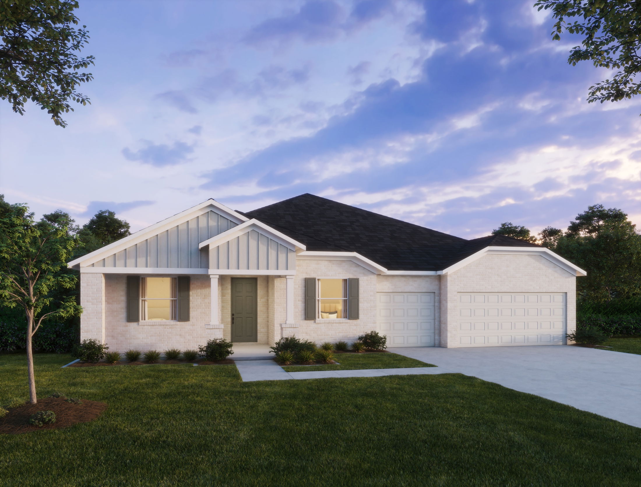 Modern suburban single-story white brick house with neatly landscaped front yard and two-car garage against a twilight sky.