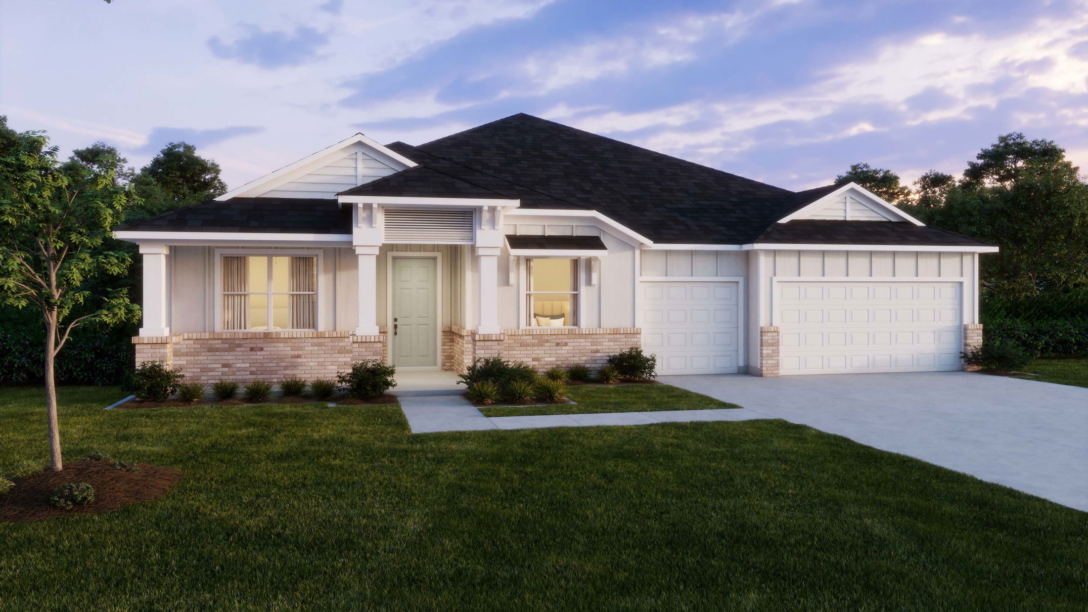 Modern single-story house with a light exterior, dark roof, and landscaped yard under a vibrant sky.