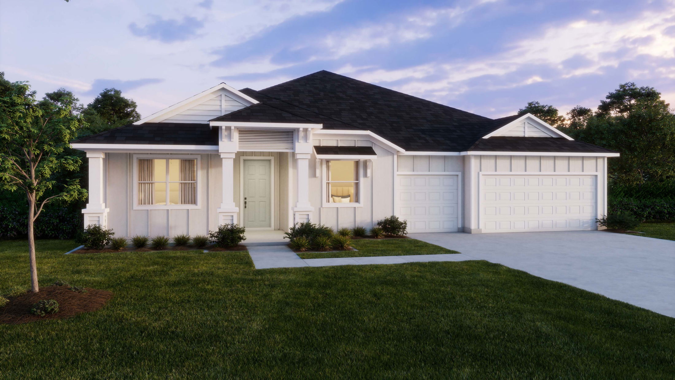 A modern single-story home with a two-car garage, situated on a lush green lawn under a cloudy sky.