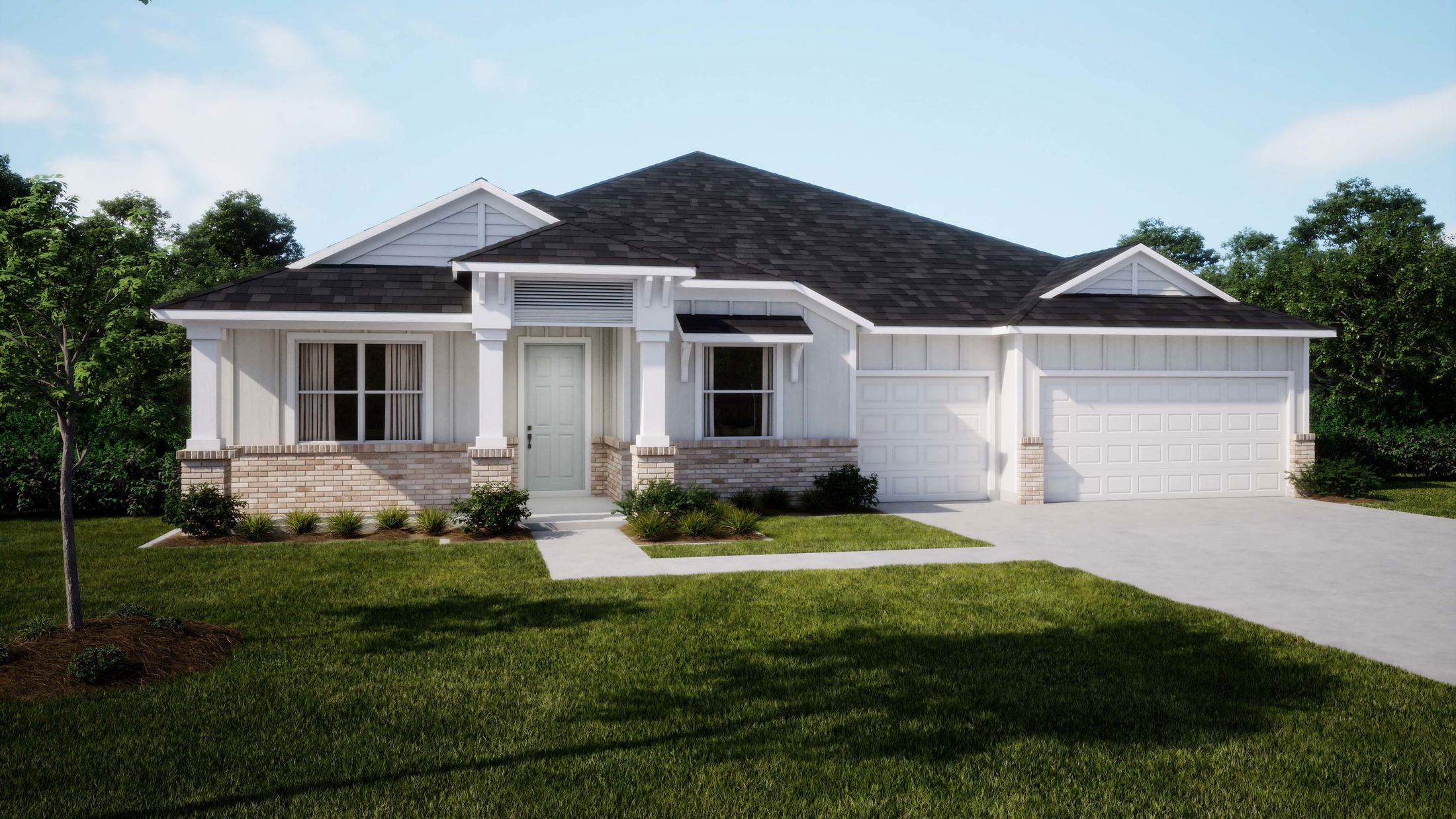 A modern single-family home featuring a welcoming front porch, two-car garage, and lush green landscaping.