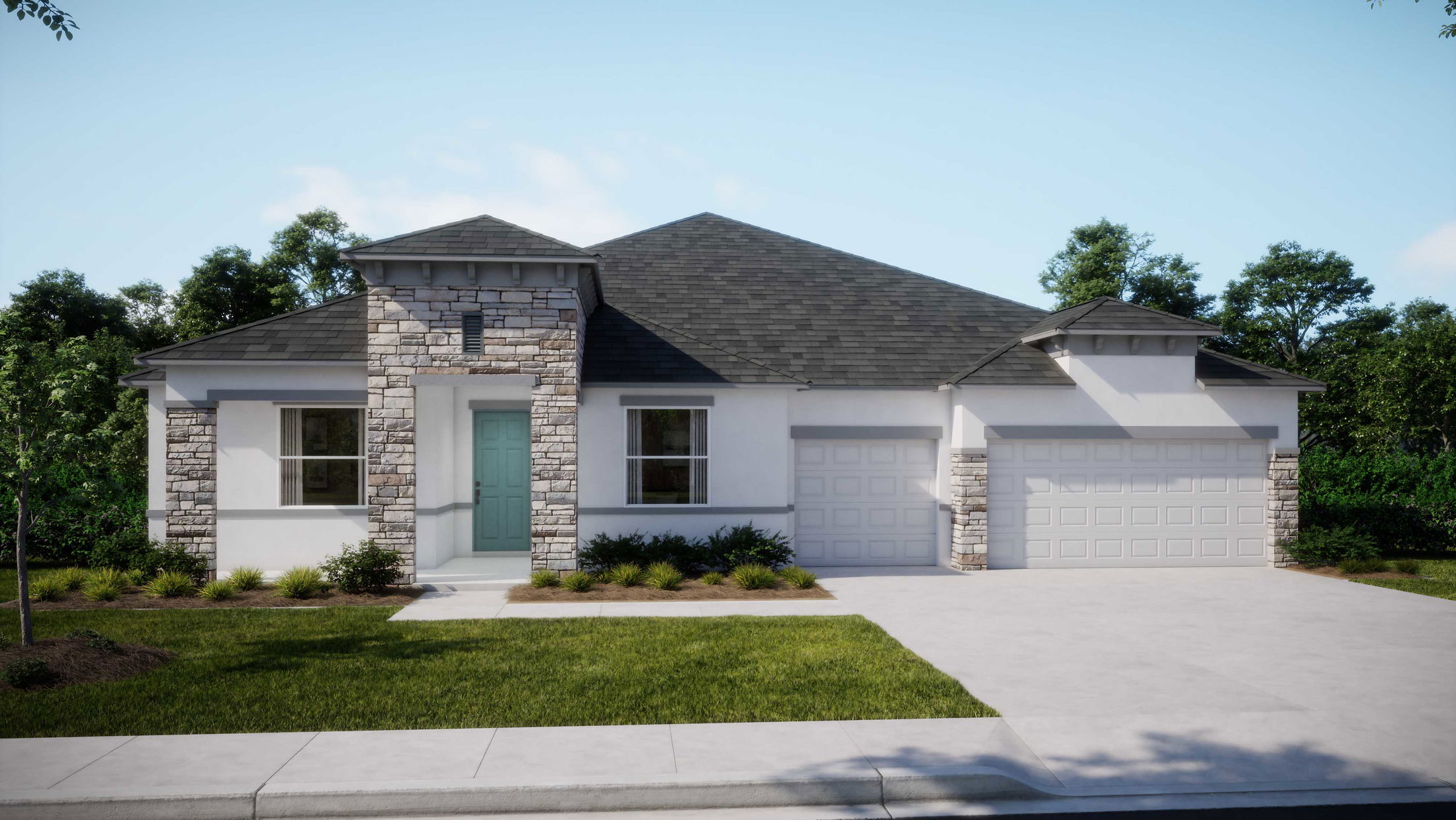 Modern suburban home with stone accents, two-car garage, and landscaped front yard.