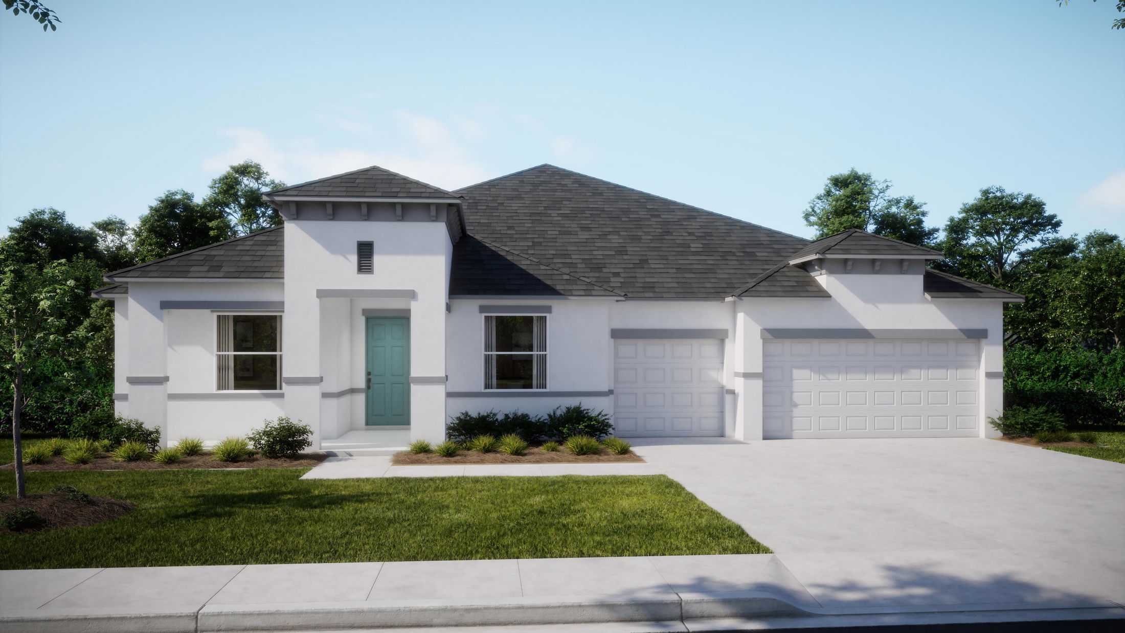 Modern single-story white house with a teal front door, two-car garage, and neatly landscaped yard.