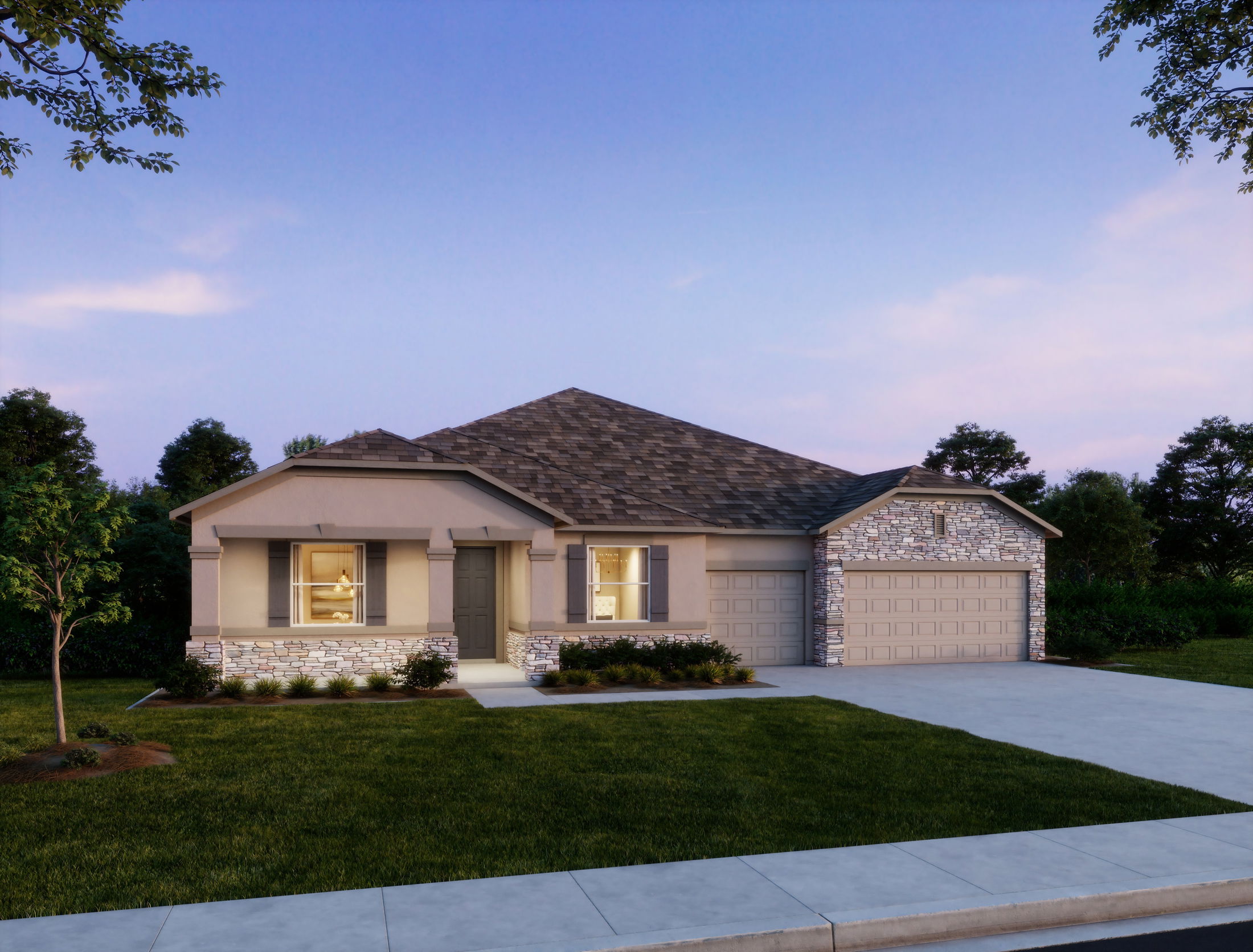 Modern single-story suburban home with stone accents and a two-car garage at dusk.
