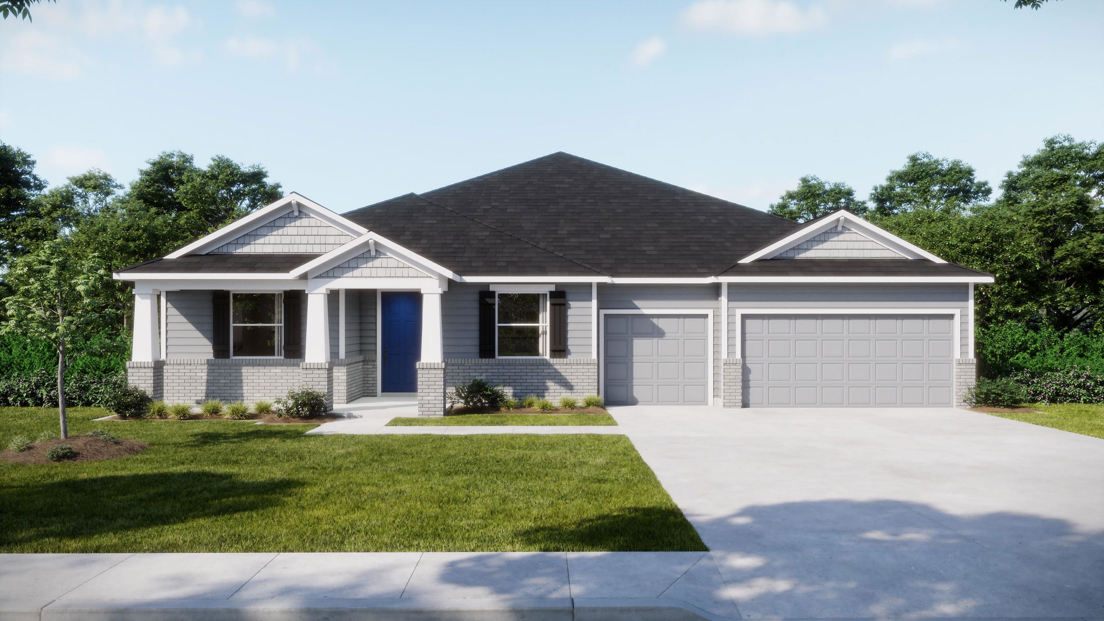 Modern single-story suburban home with a double garage, gray siding, and neatly landscaped front lawn.