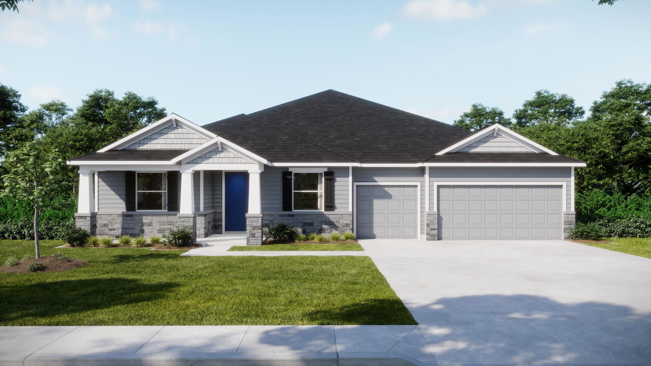 Modern suburban house with a spacious lawn, three-car garage, and blue front door under a clear sky.