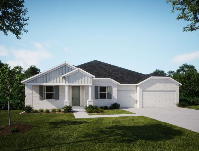 Single-story white brick house with a pitched roof, front porch, and two-car garage, surrounded by green grass and trees under a clear blue sky.