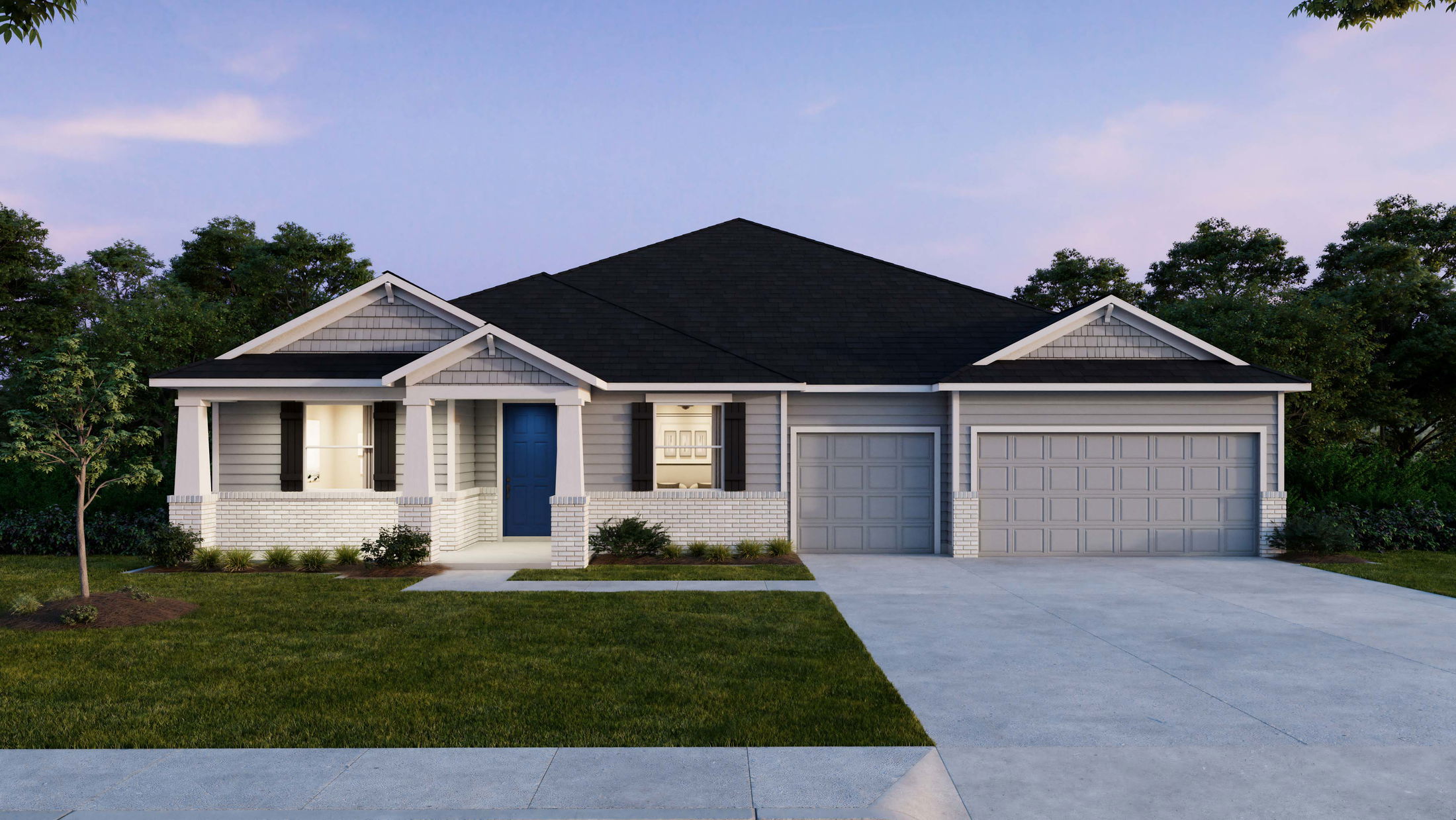 A modern single-story house with a dark roof, blue front door, and two-car garage set in a landscaped yard.