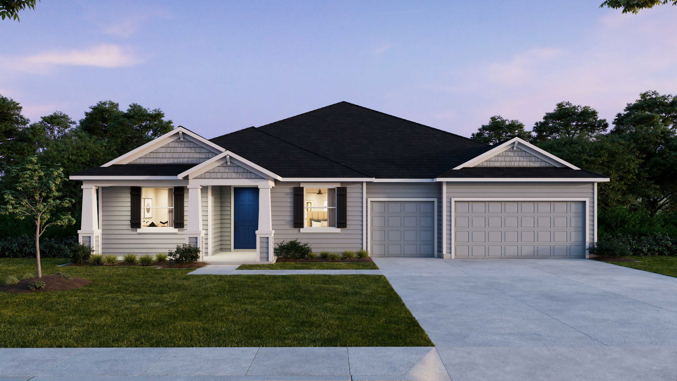 Modern single-story home with a blue front door, gray siding, and a two-car garage, surrounded by green landscaping and a clear sky.