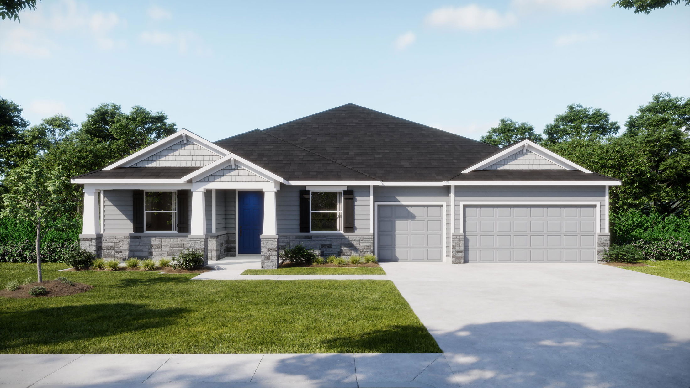 Modern single-family home with a blue front door, stone accents, and a two-car garage surrounded by lush greenery.