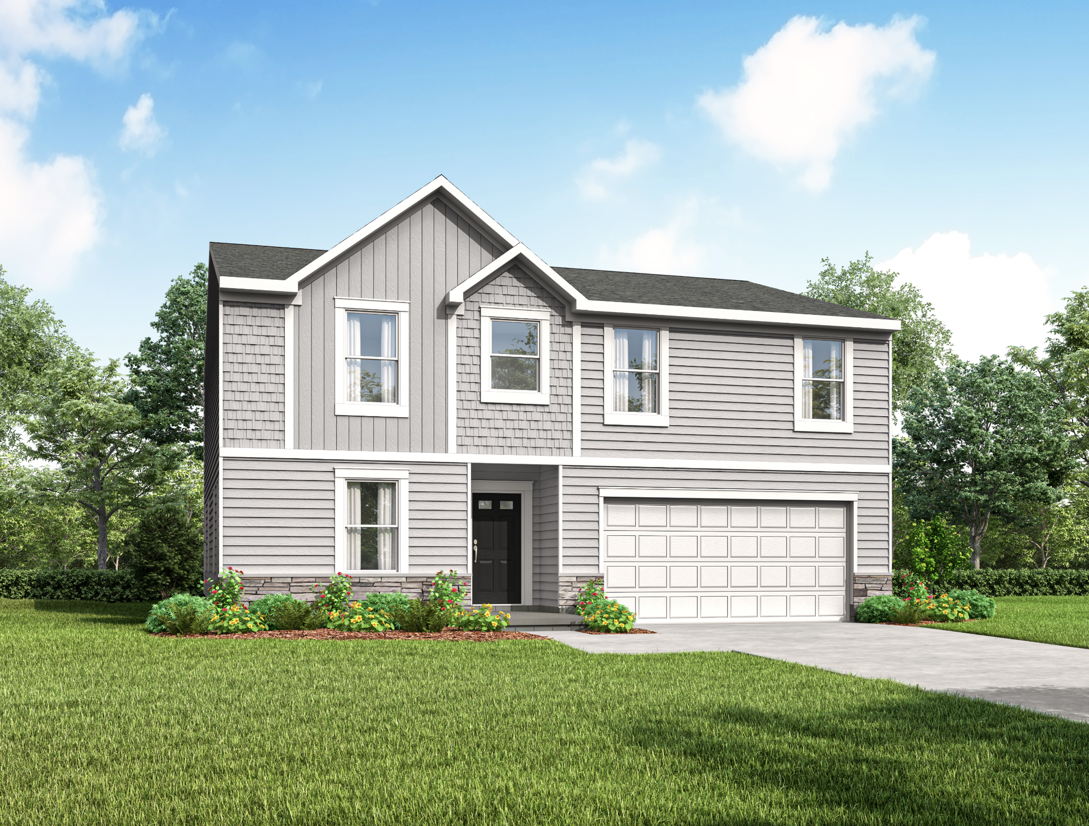 Modern two-story gray house with a lush green yard and attached garage under a clear blue sky.