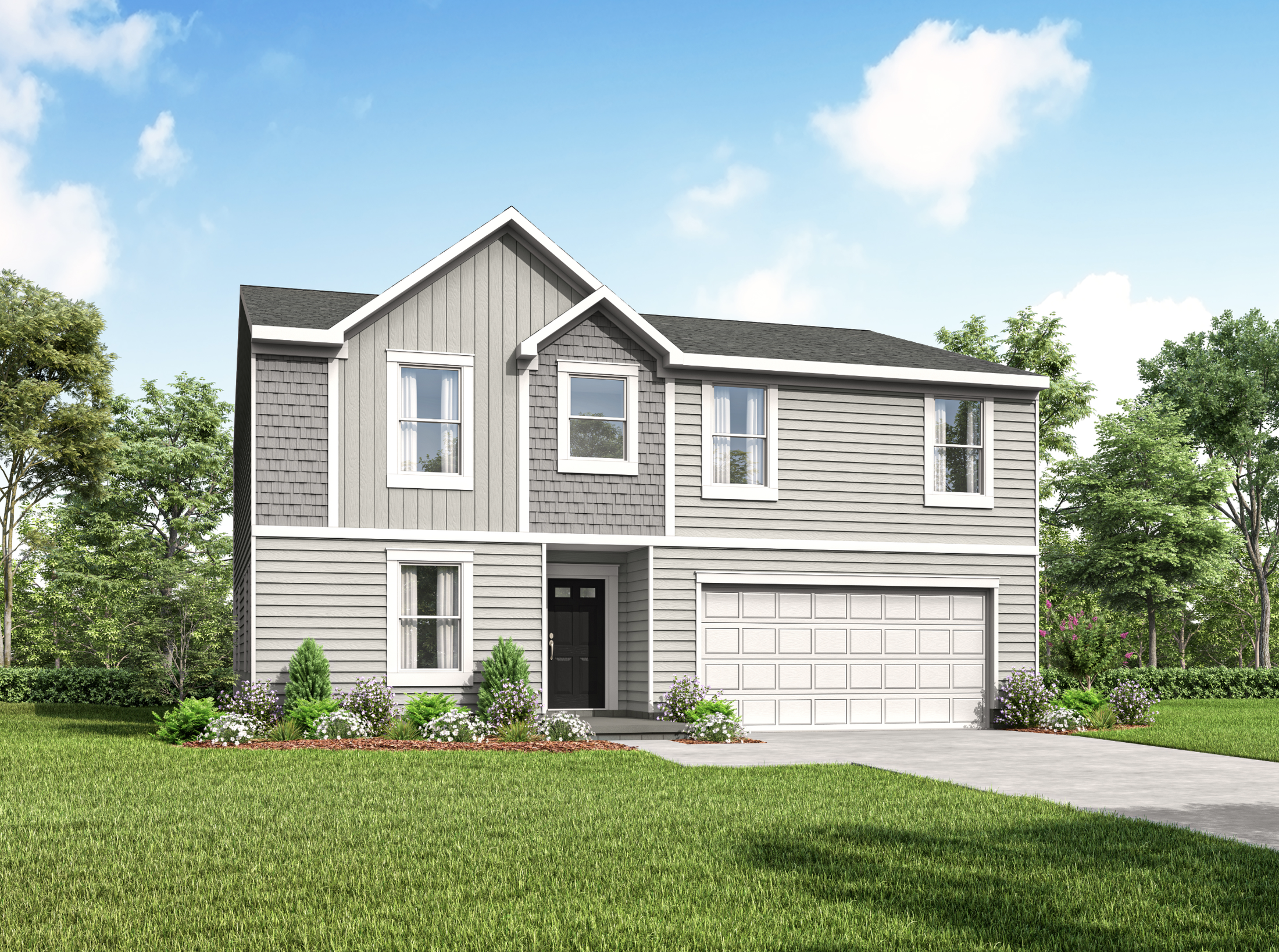 A beautiful two-story grey suburban home with a manicured lawn, surrounded by lush greenery under a bright blue sky.
