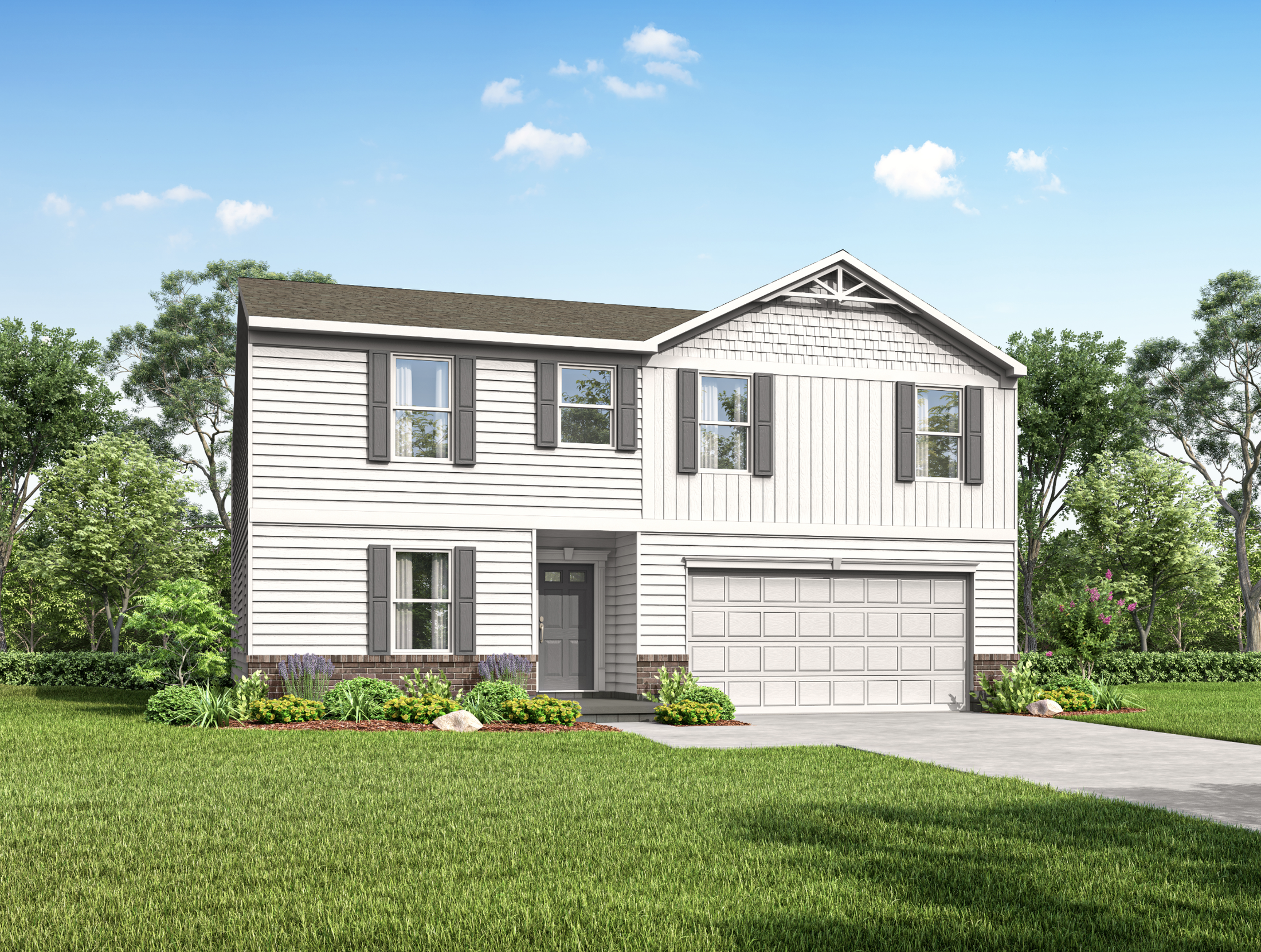 Modern two-story white house with landscaped front yard and attached garage under a clear blue sky.