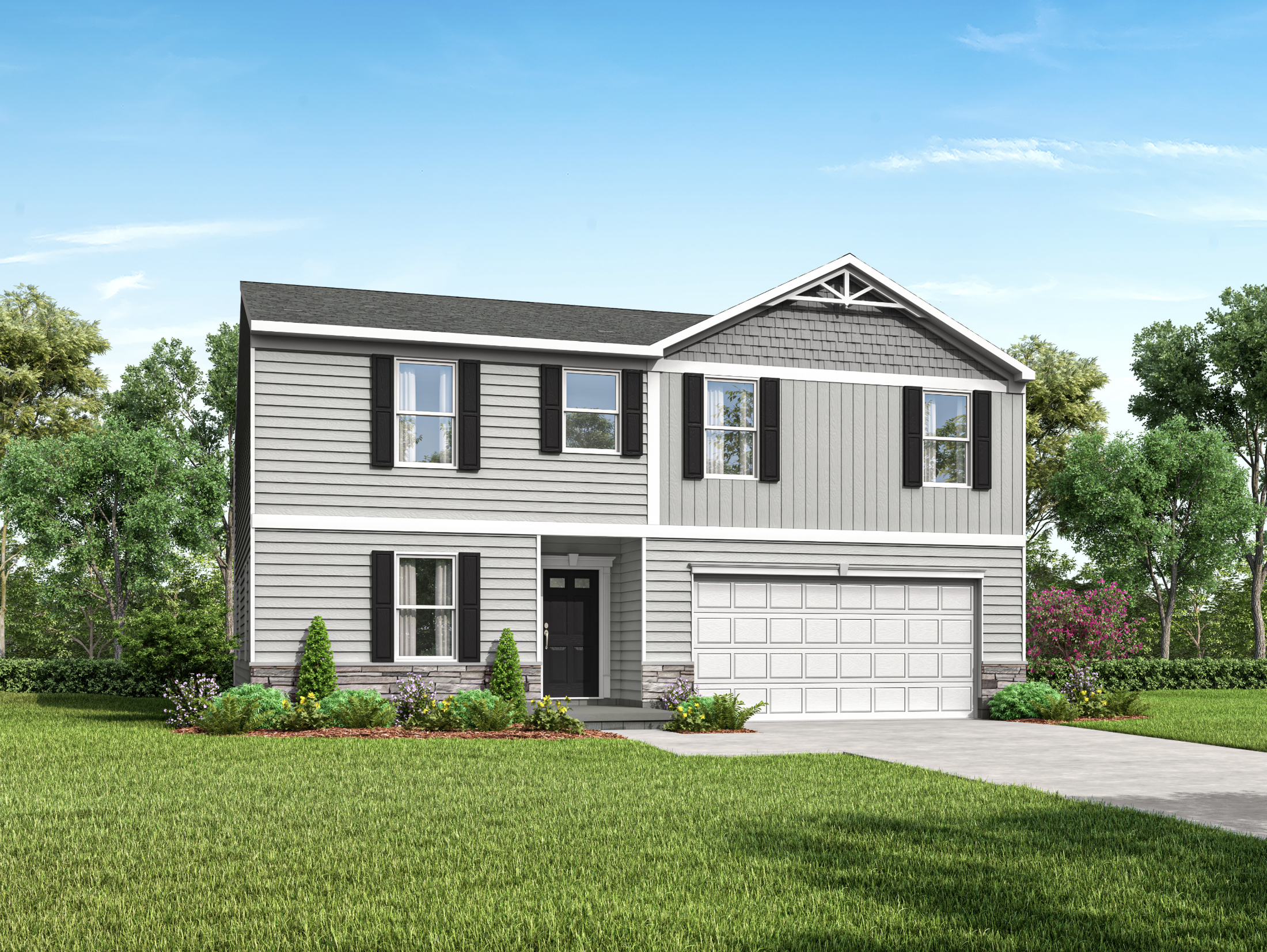 Modern two-story gray house with manicured lawn and garage, set against a clear blue sky.