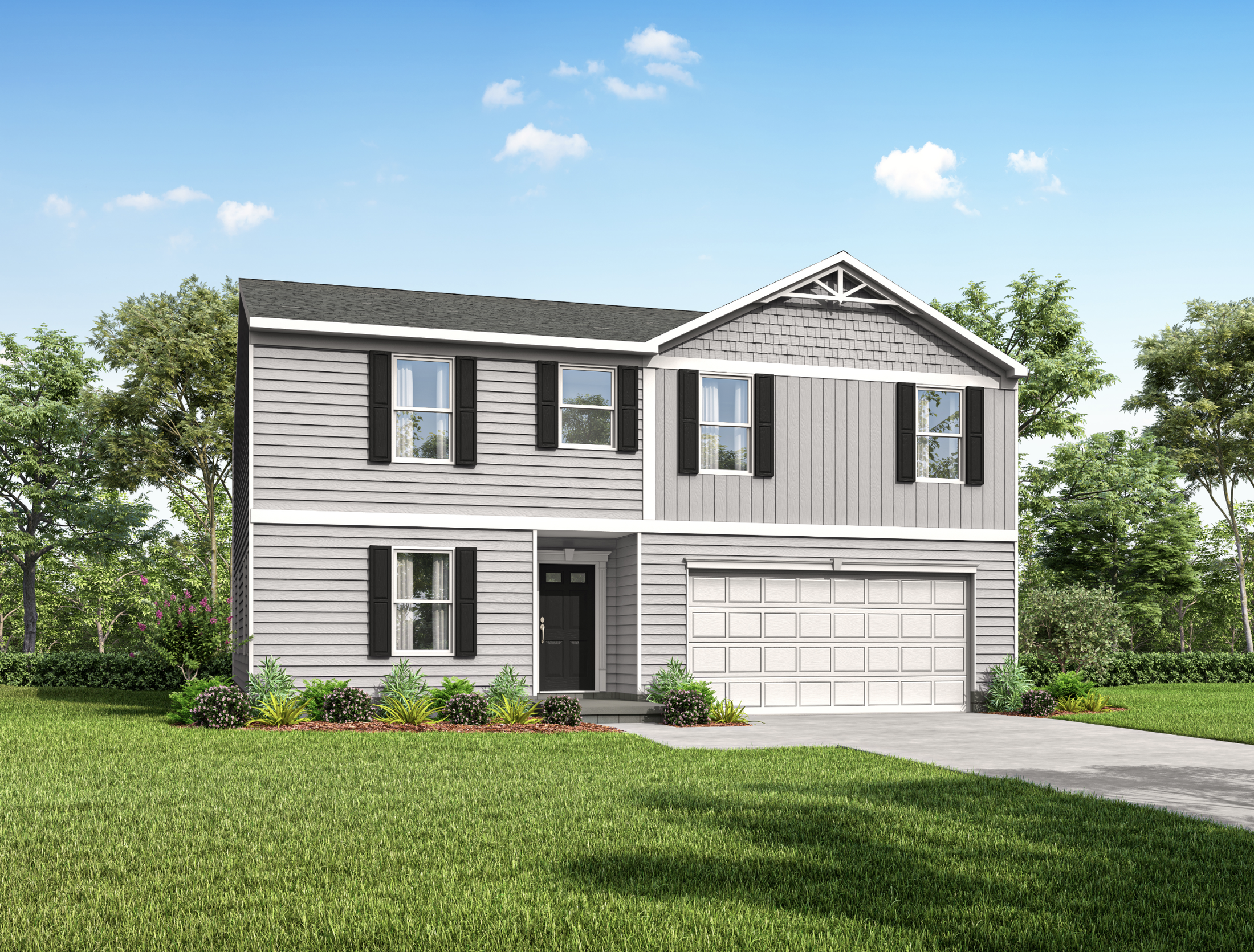Two-story gray suburban house with black shutters, a double garage, and a manicured lawn under a clear blue sky.
