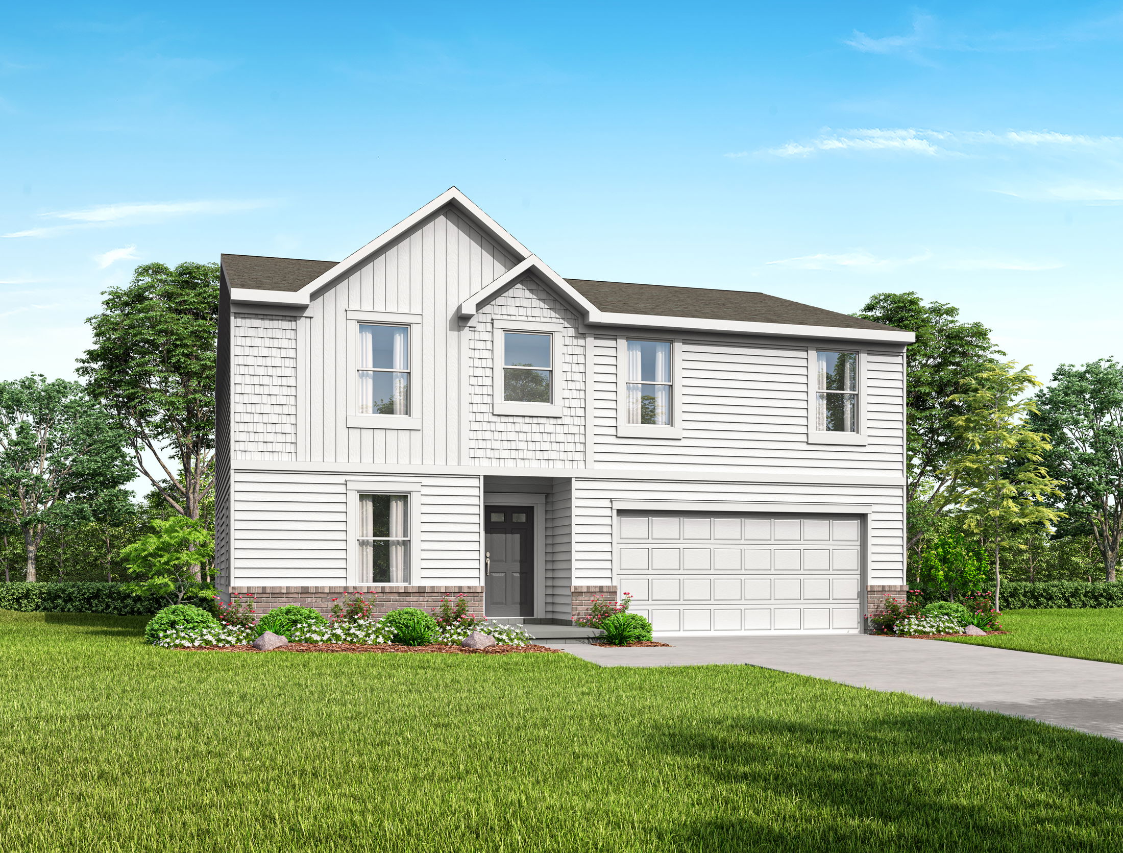 Modern two-story white house with a gable roof, attached garage, and landscaped front yard under a clear blue sky.