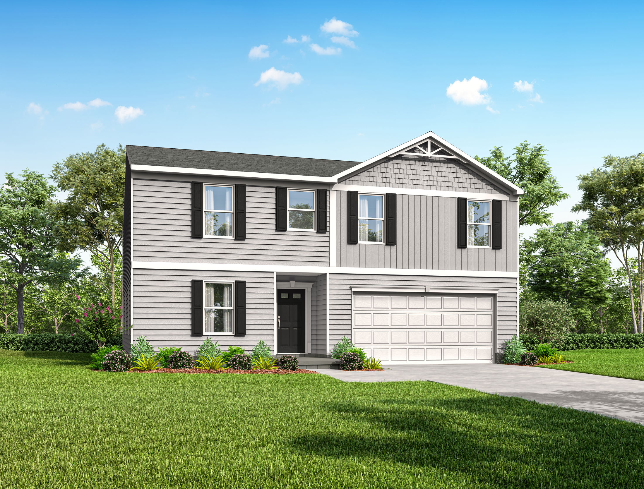 Two-story gray house with black shutters, manicured lawn, and a double garage under a clear blue sky.