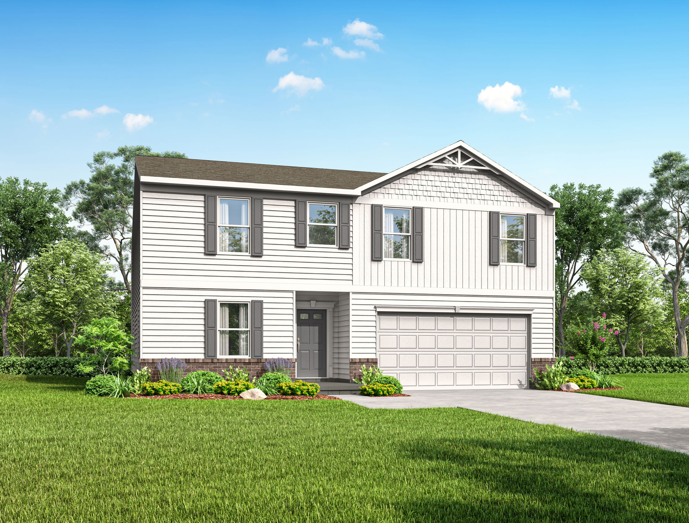 Modern two-story white house with a spacious lawn and attached garage, surrounded by lush greenery under a clear blue sky.