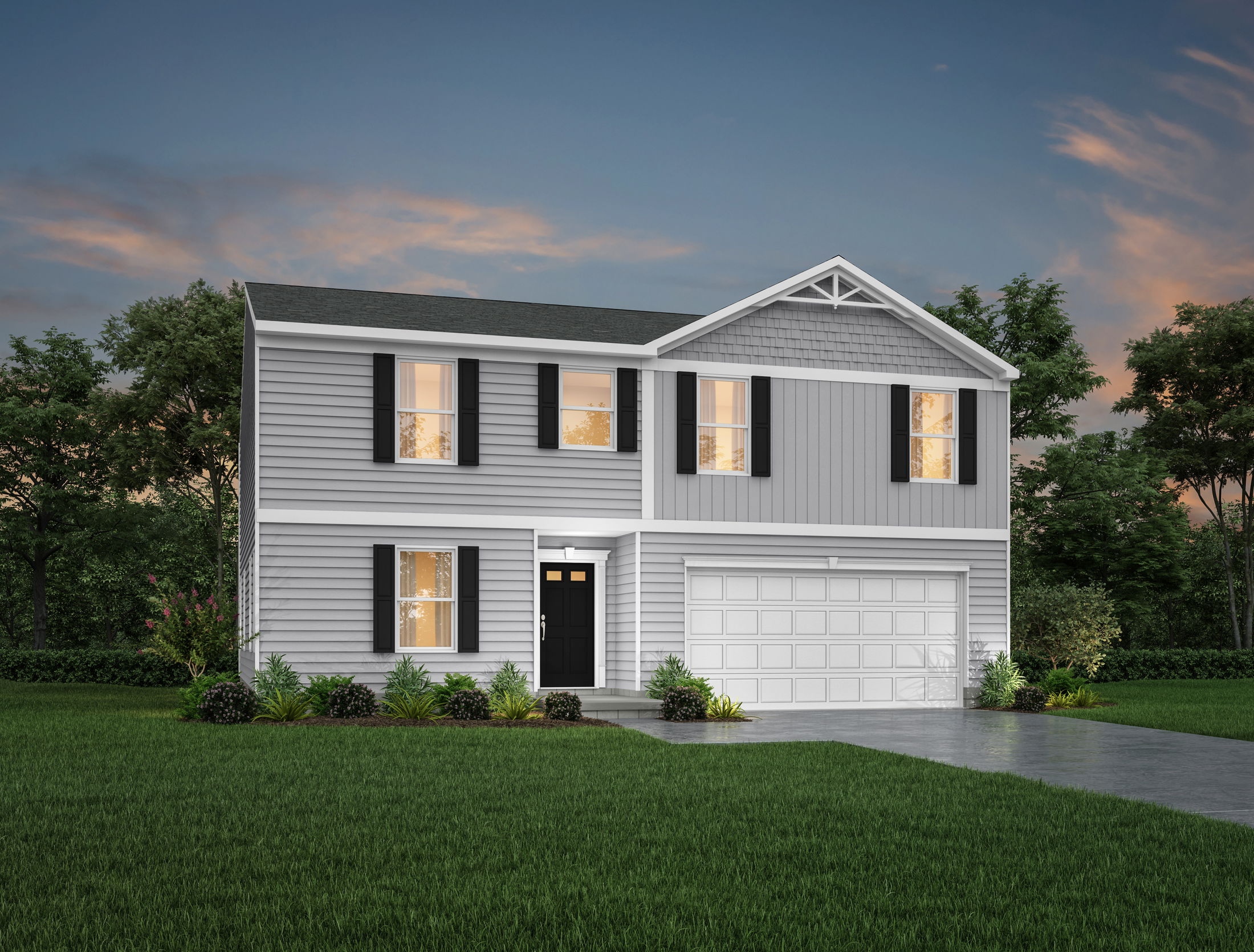 Modern two-story gray house with black shutters and a spacious front lawn at dusk.
