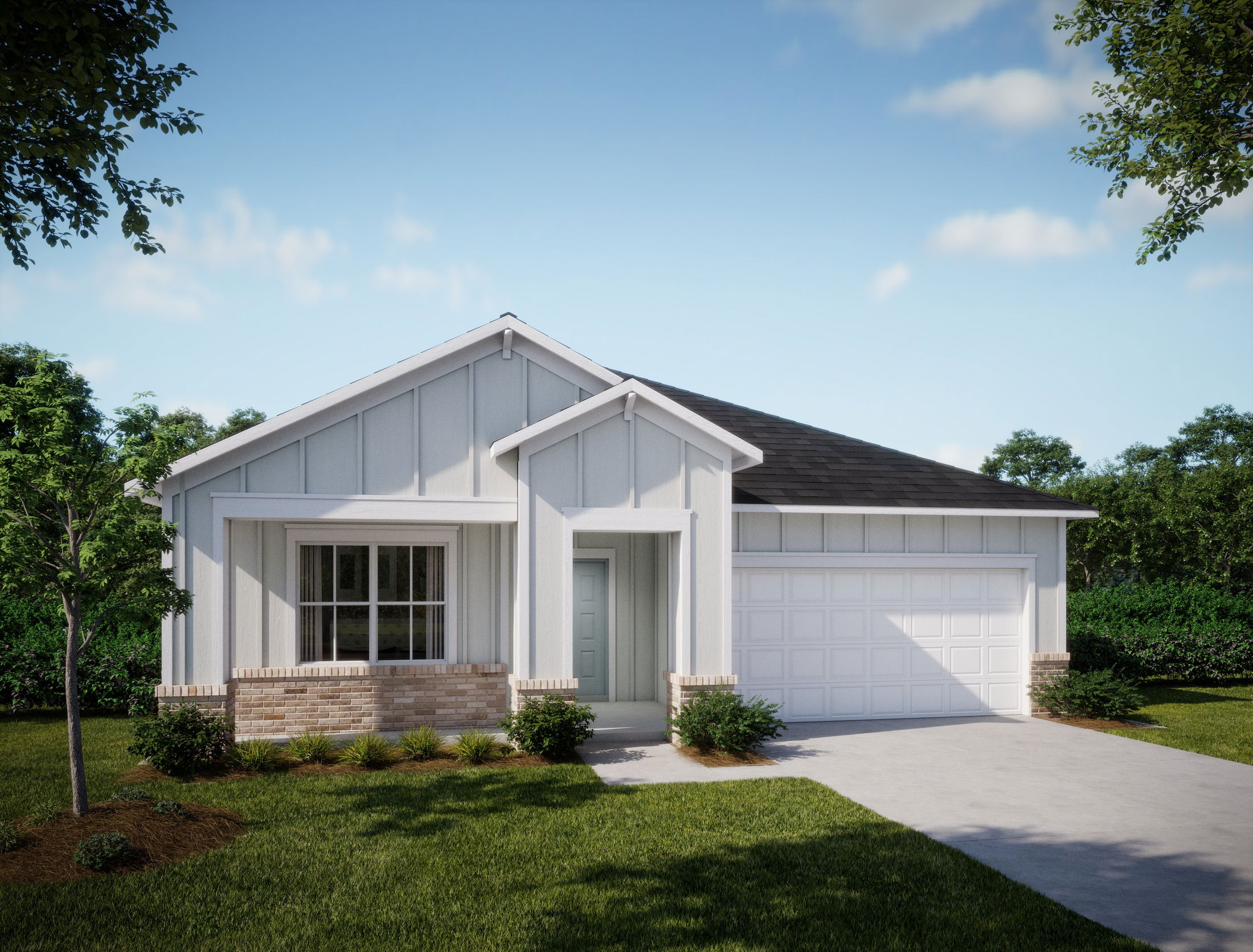 Modern single-story white house with a spacious garage and well-maintained front yard.