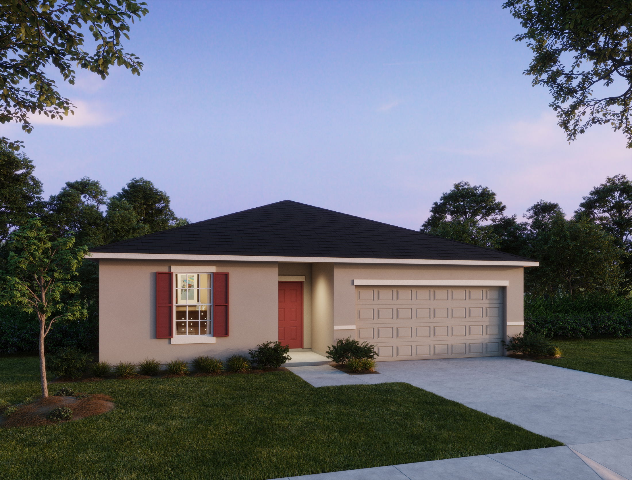 Single-story home with a red front door, attached garage, and manicured lawn at dusk.