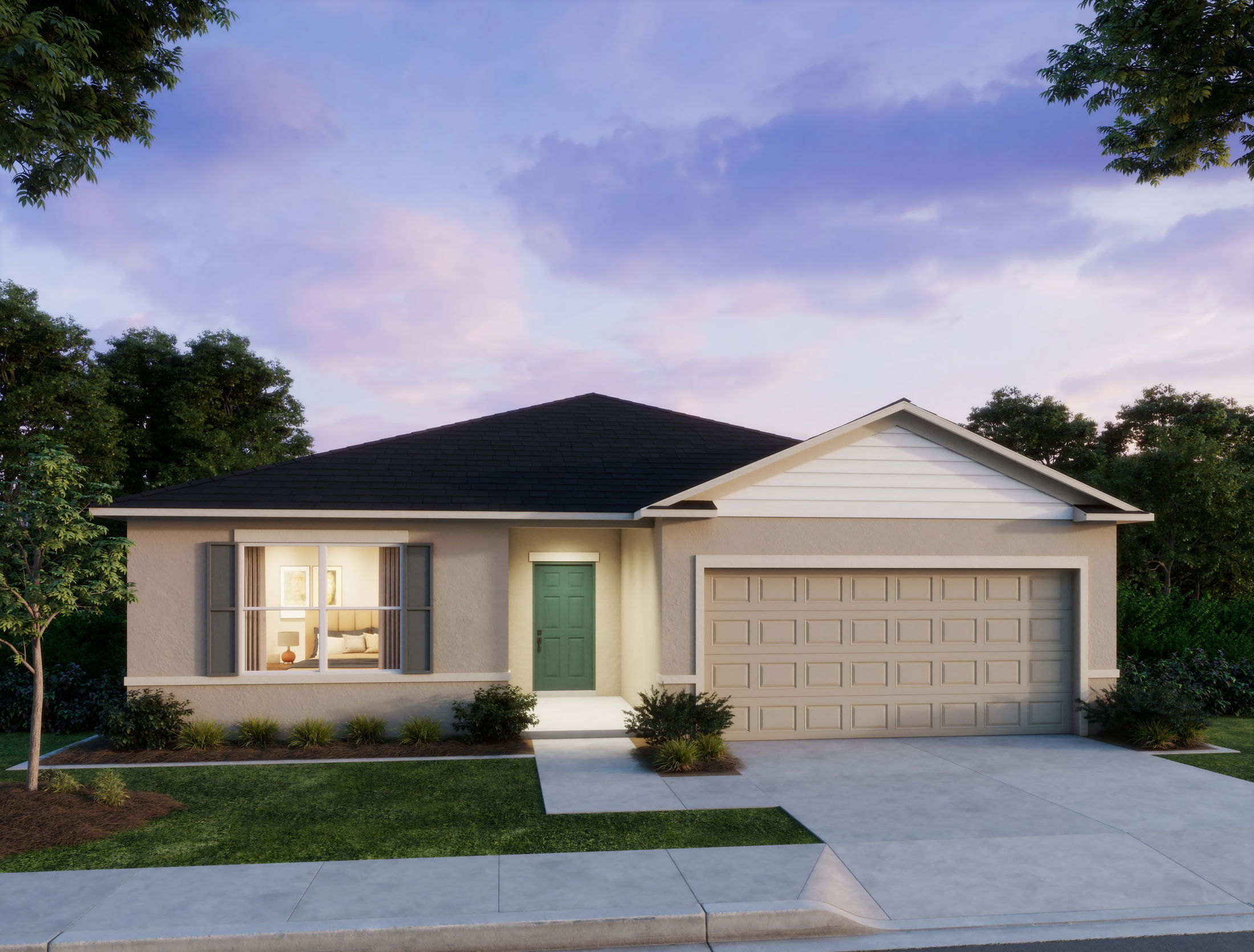 Modern suburban single-story house with a landscaped yard, two-car garage, and a twilight sky backdrop.