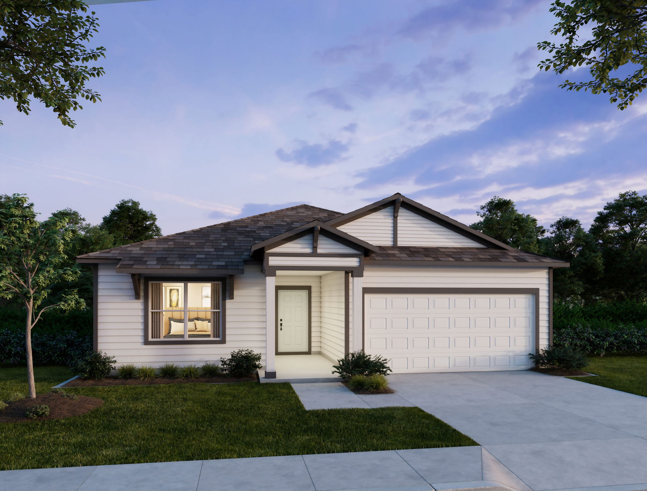 Modern single-story home exterior with front lawn, garage, and evening sky backdrop.