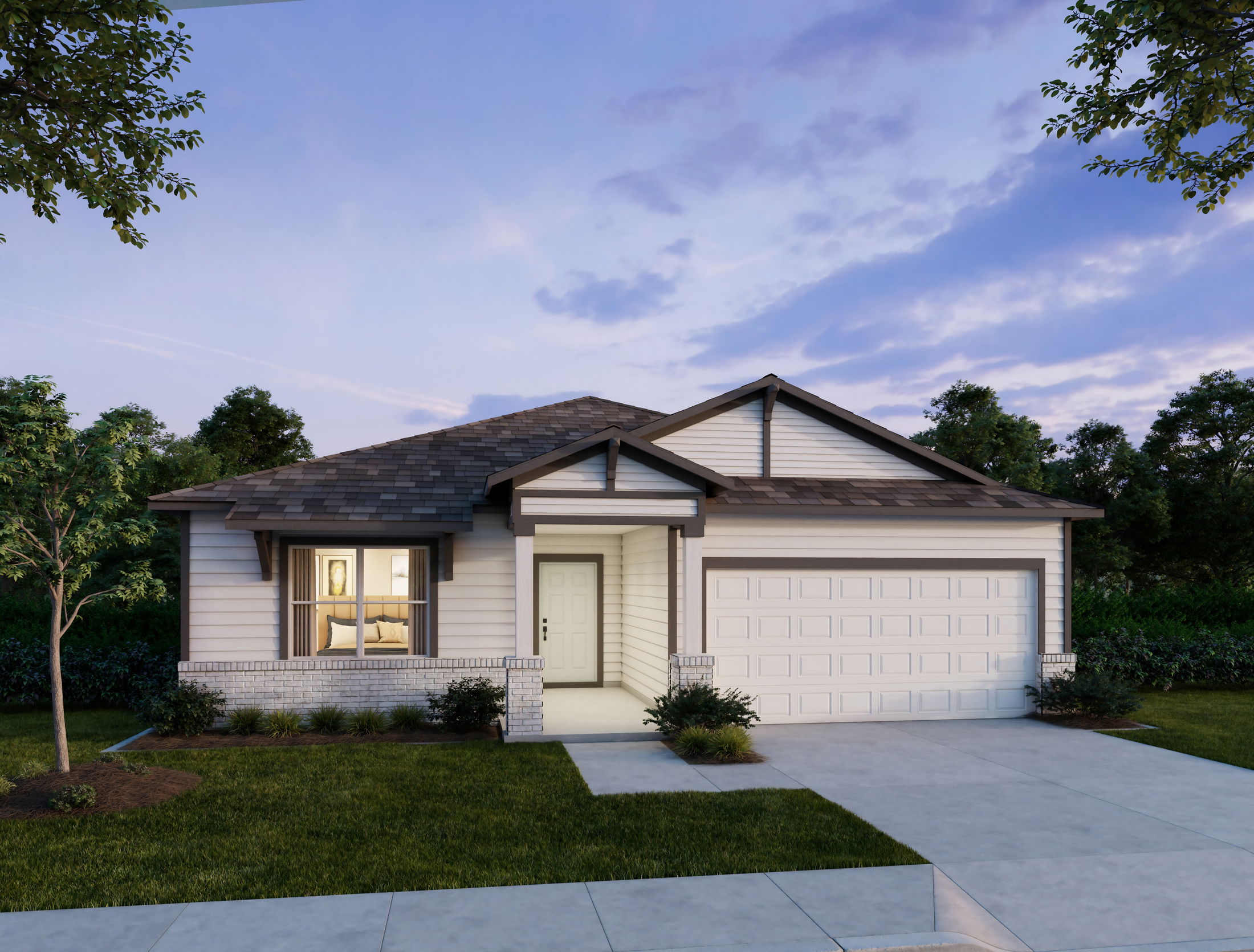 Modern single-story suburban house with a two-car garage and landscaped front yard at twilight.
