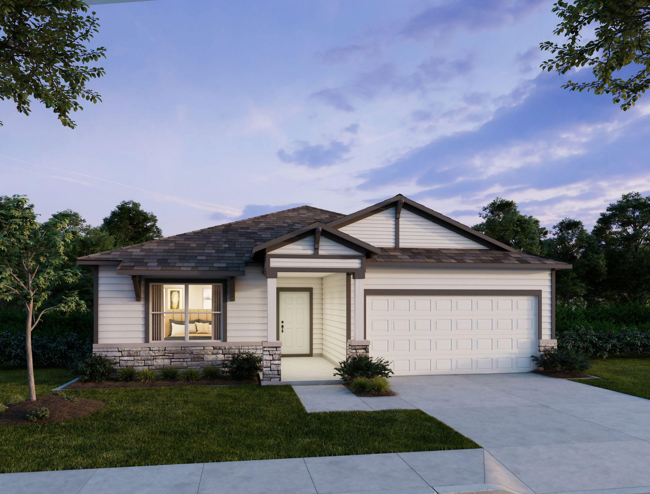 Modern single-story suburban house with a two-car garage and well-maintained lawn at dusk.