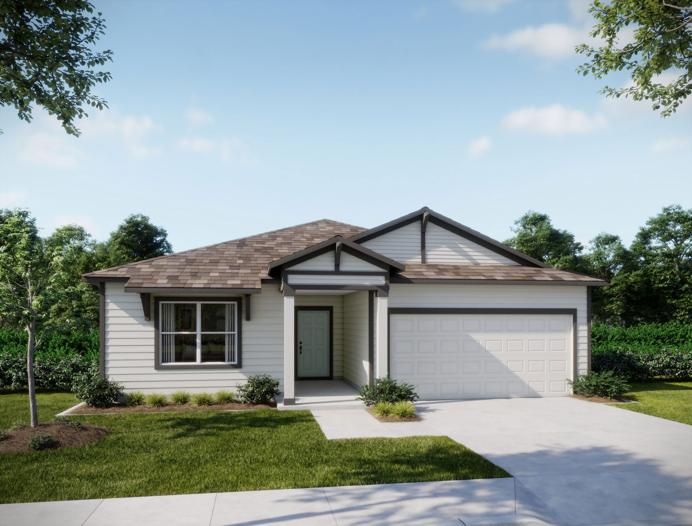 Modern single-story suburban home with gabled roof, large garage, and well-maintained front yard landscaping.