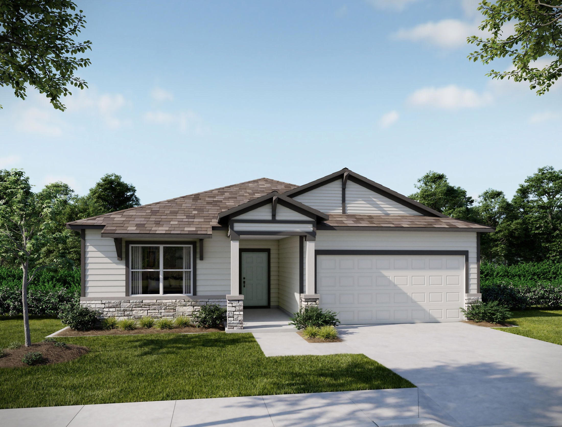 Single-story modern suburban house with beige siding, a two-car garage, and well-maintained landscaping.