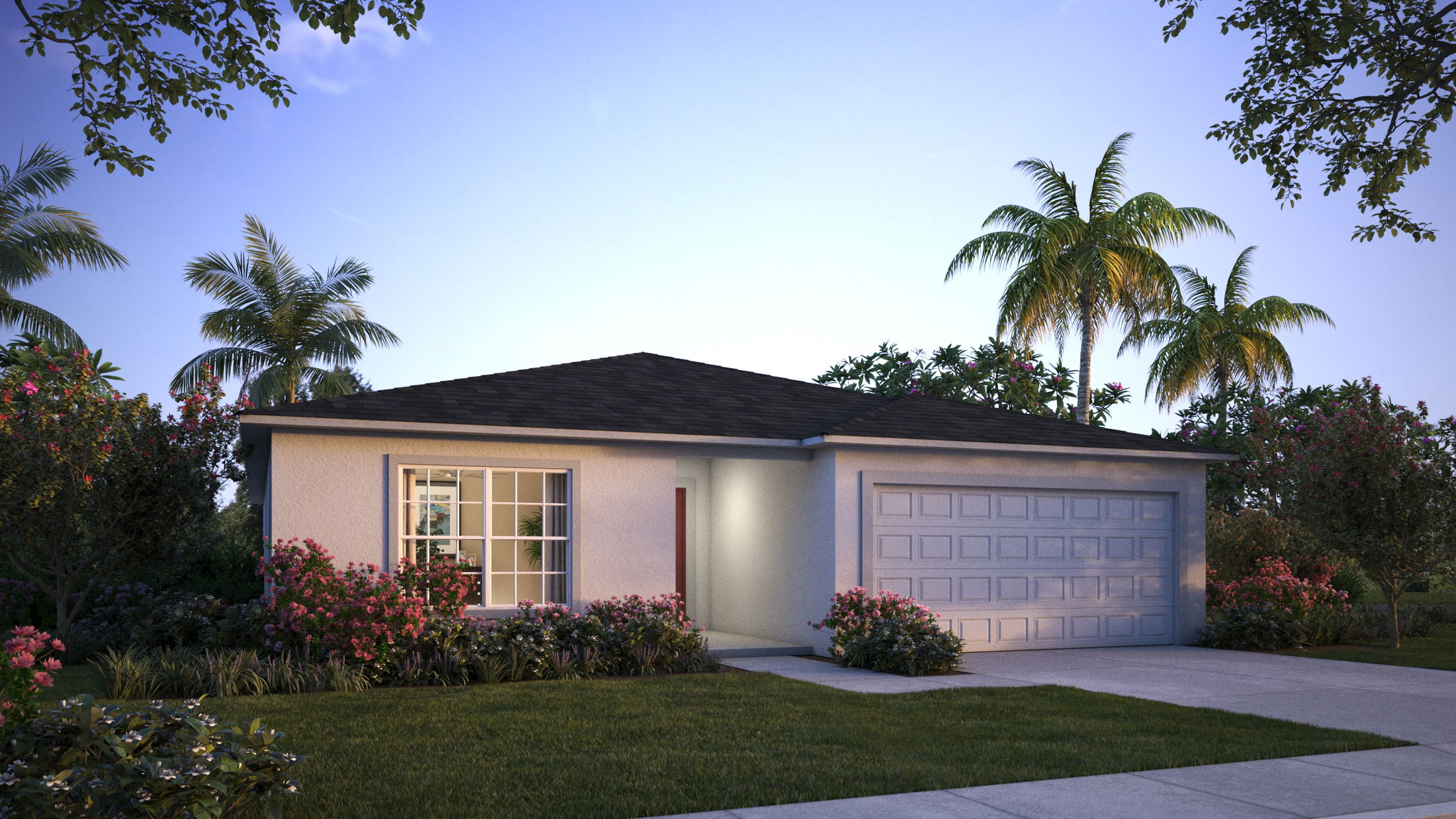 A modern single-story suburban house with a well-maintained lawn and tropical landscaping, featuring palm trees in the background at dusk.
