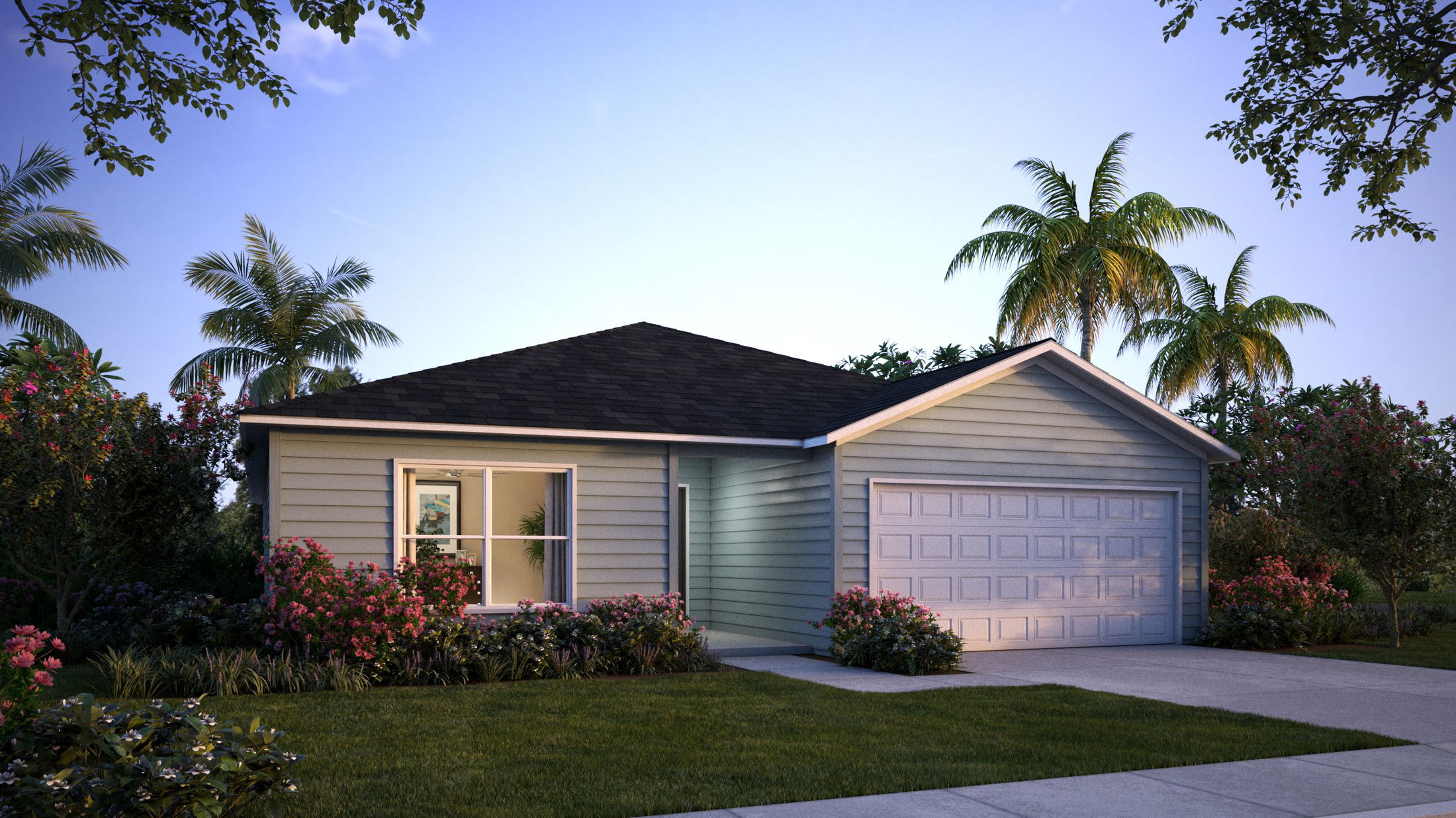 Cozy single-story house with attached garage surrounded by lush landscaping and palm trees.