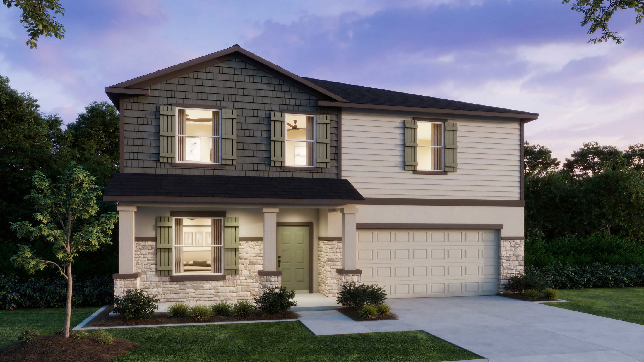 Two-story suburban house with a stone facade, green shutters, and a double garage at dusk.