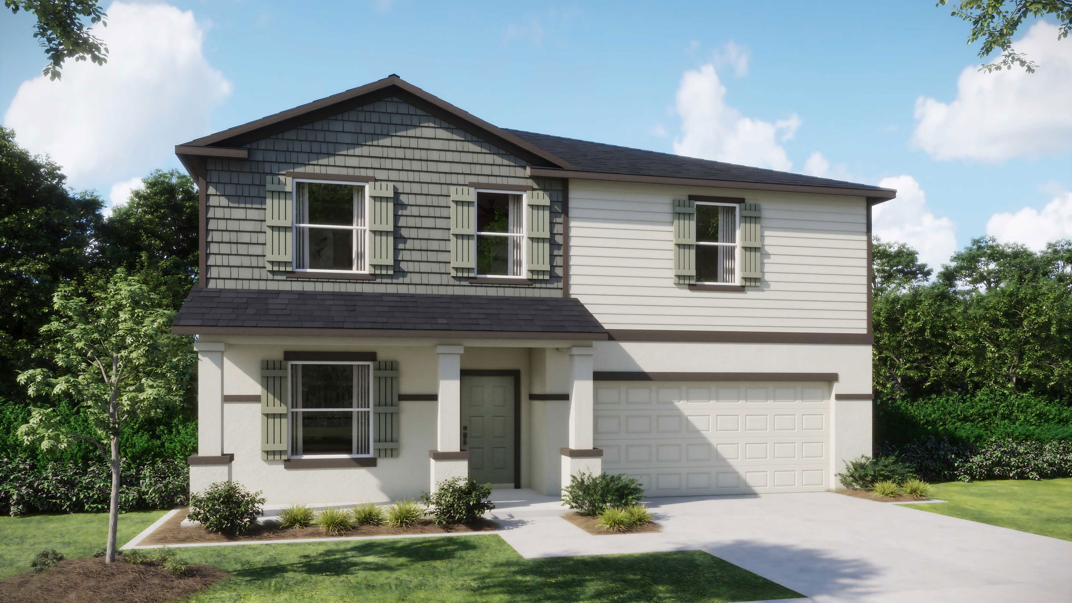 Two-story suburban house with a modern facade, green shutters, and a spacious driveway, surrounded by lush greenery under a clear blue sky.